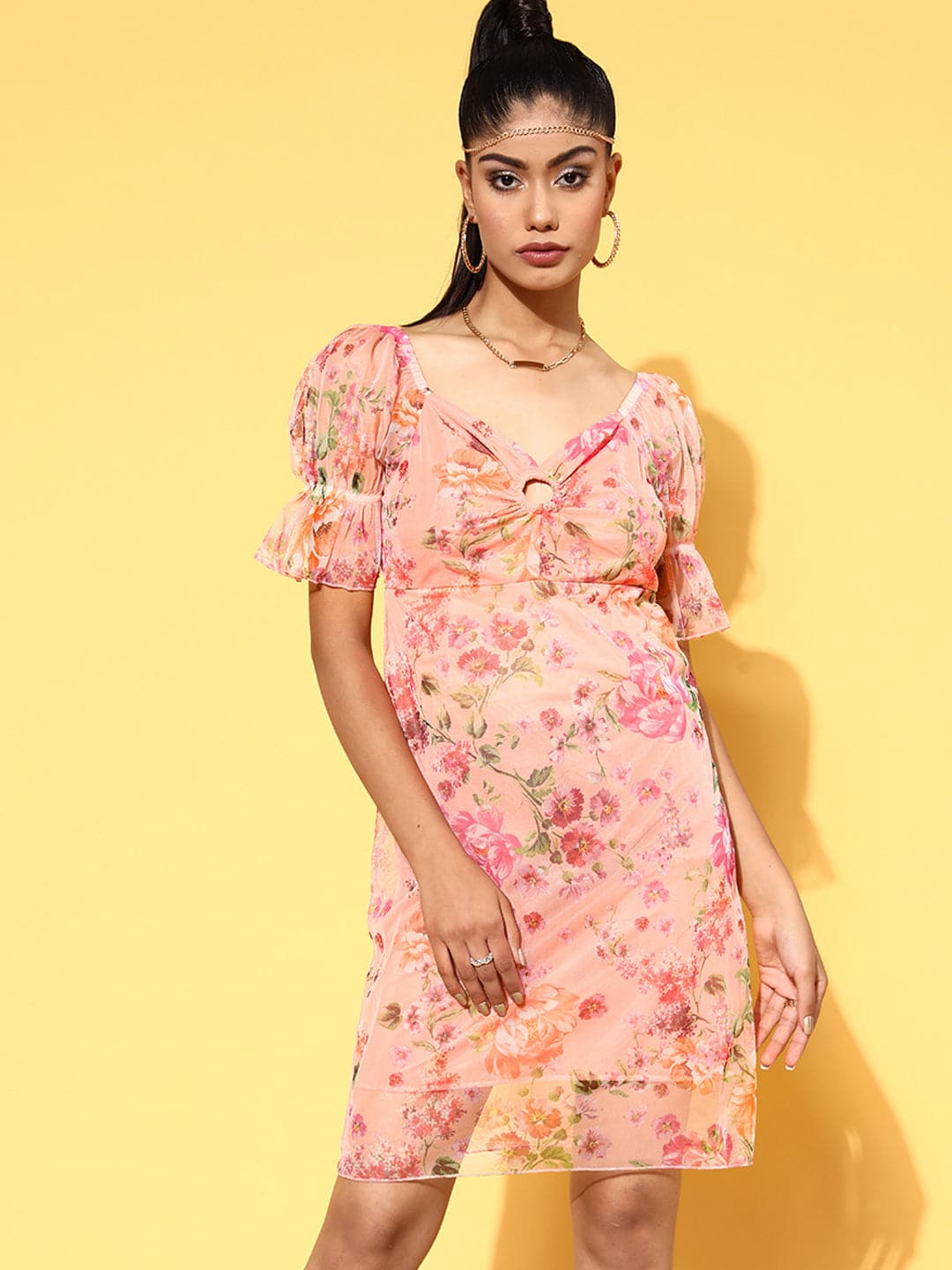 Women Pink Floral Mesh Off Shoulder Ring Dress