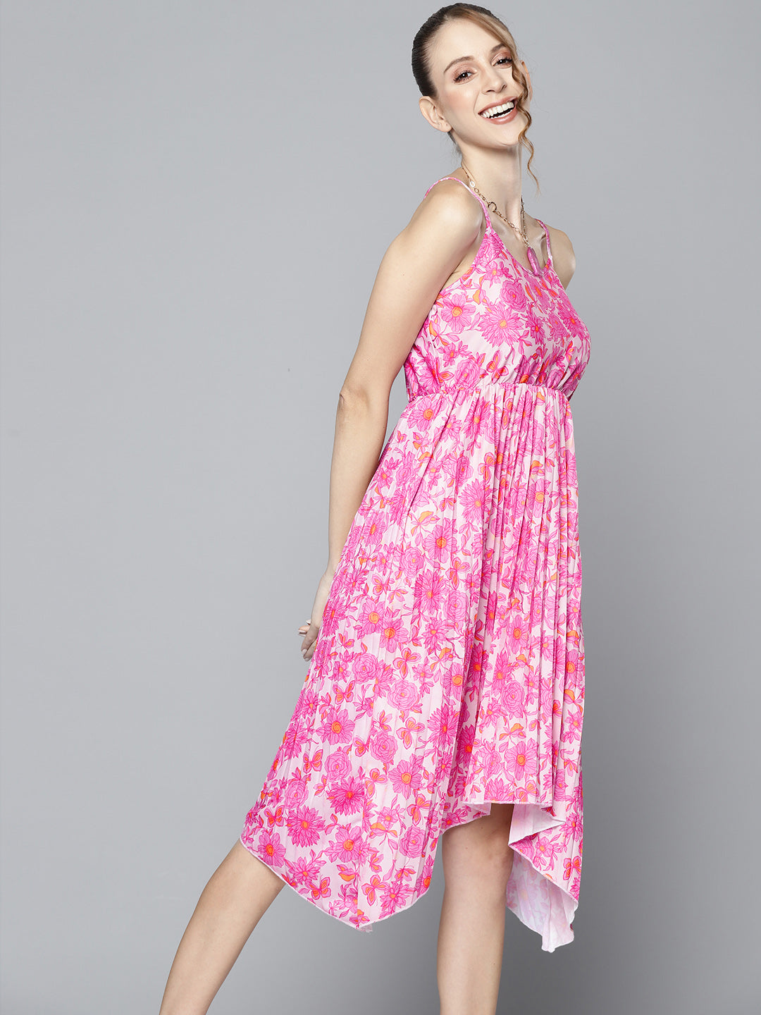 Women Pink Floral Strappy Asymmetric Hem Dress