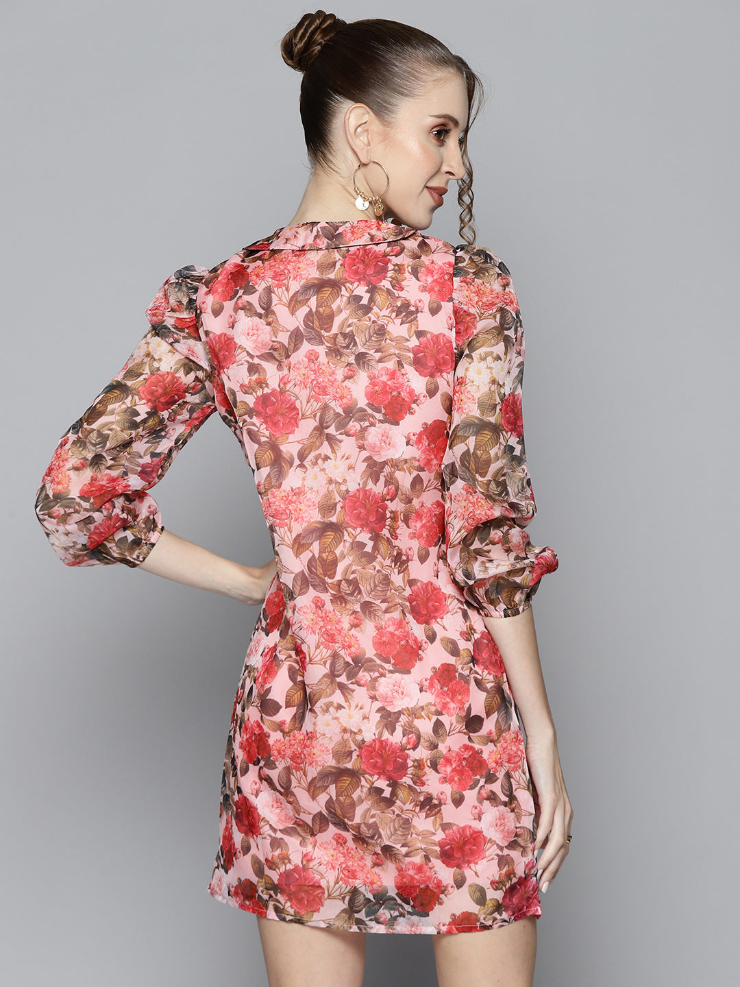 Women Pink Floral Organza Collar Neck Shirt Dress