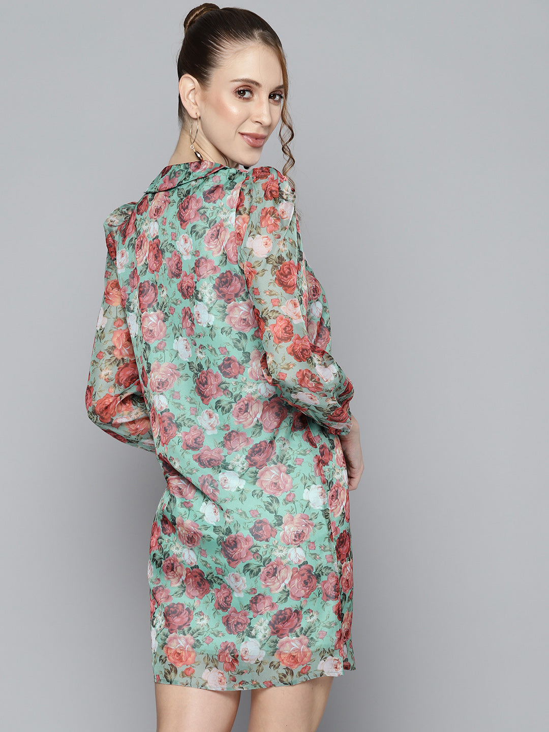 Women Sea Green Organza Floral Collar Neck Shirt Dress