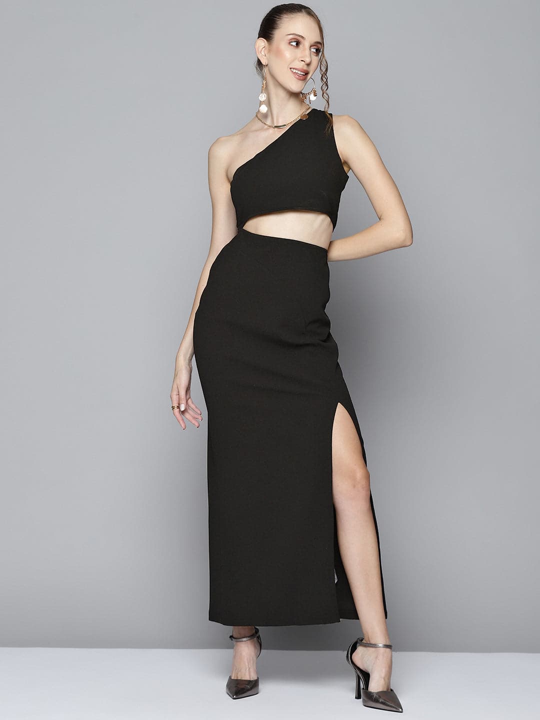 Women Black One Shoulder Maxi Dress