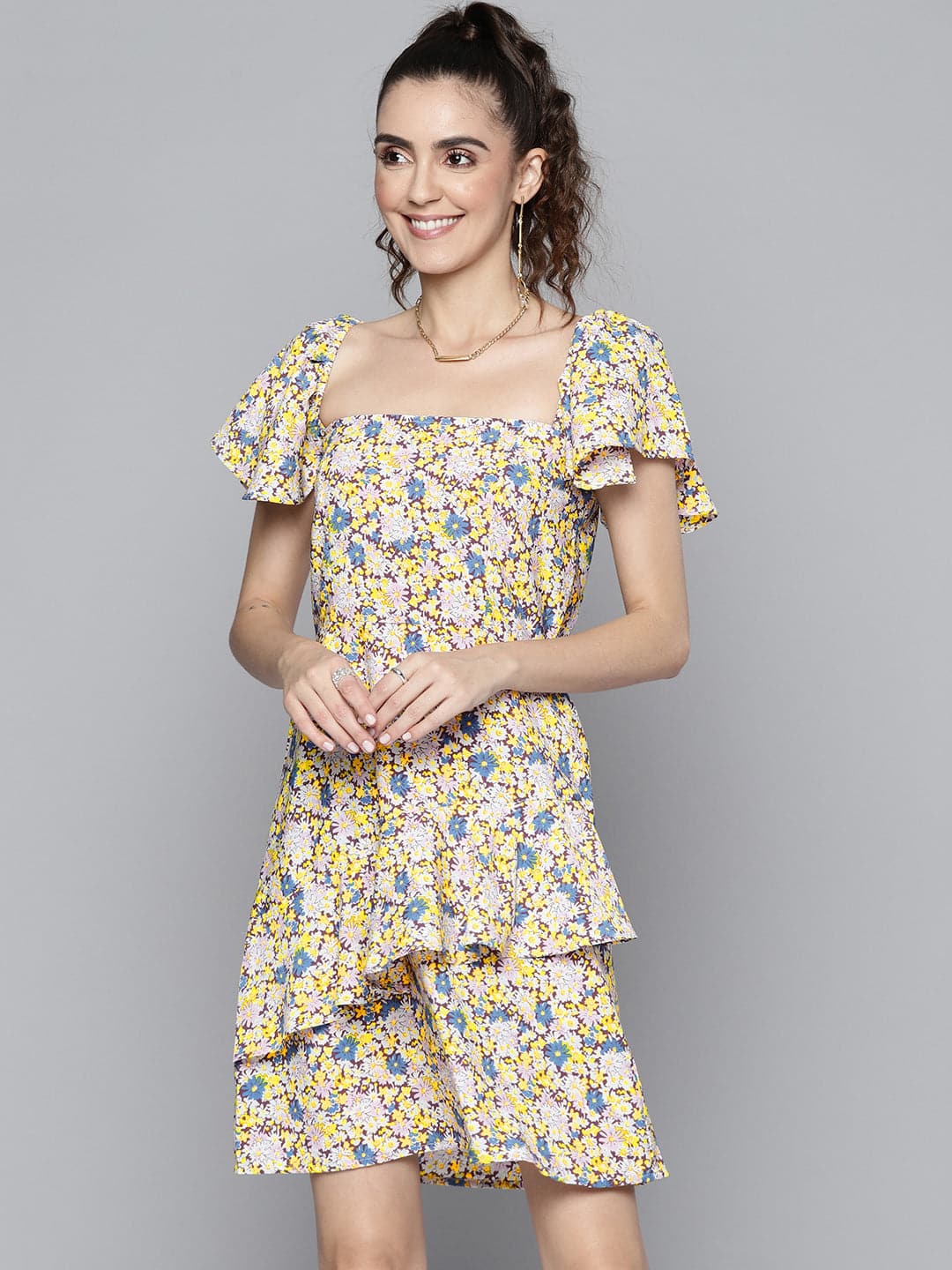 Women White Floral Square Neck Short Dress