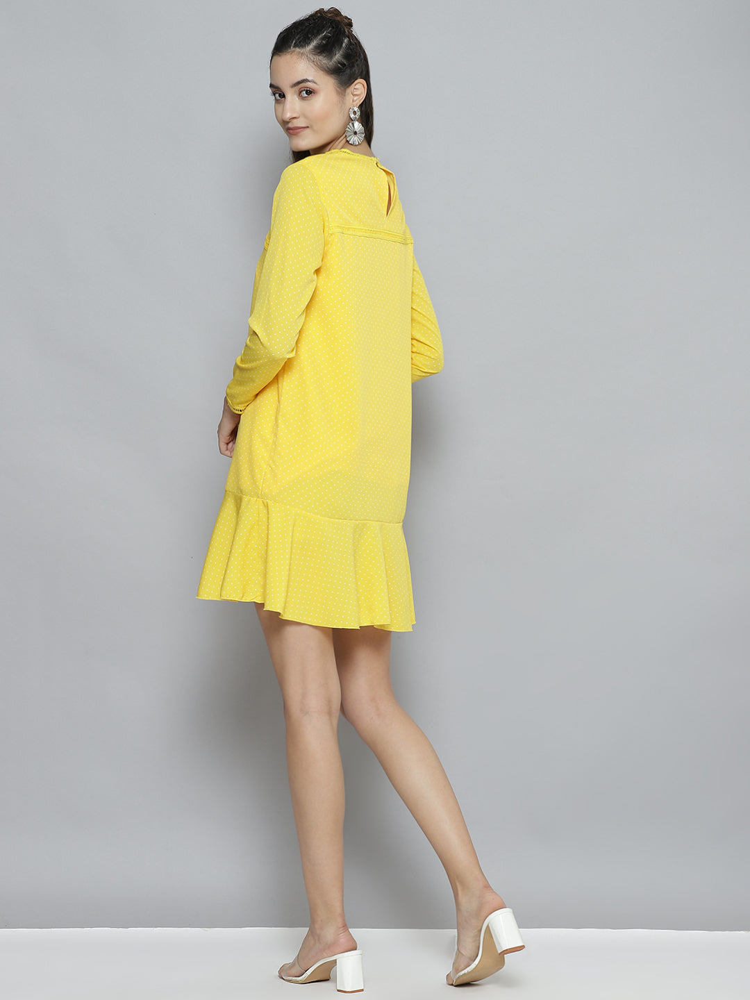 Women Yellow Pin Dot Frill Hem Dress