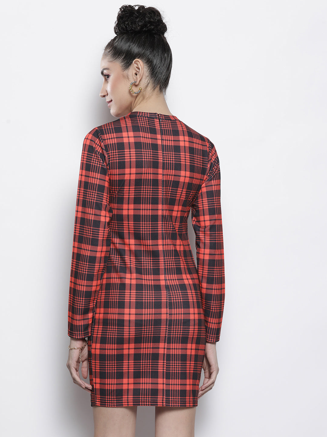 Women Red Check Knit High Neck Bodycon Dress