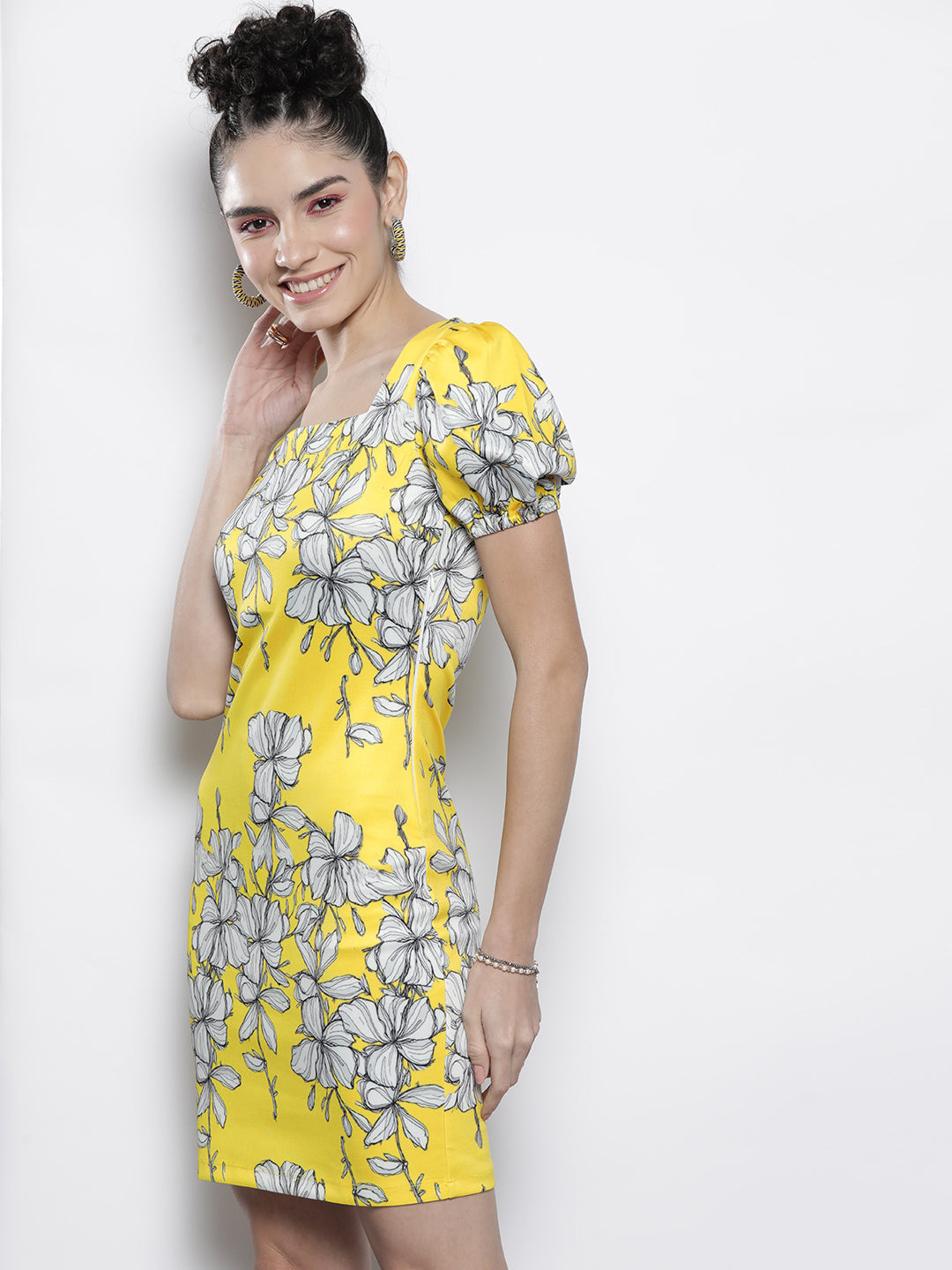 Women Yellow Floral Scuba Bodycon Dress