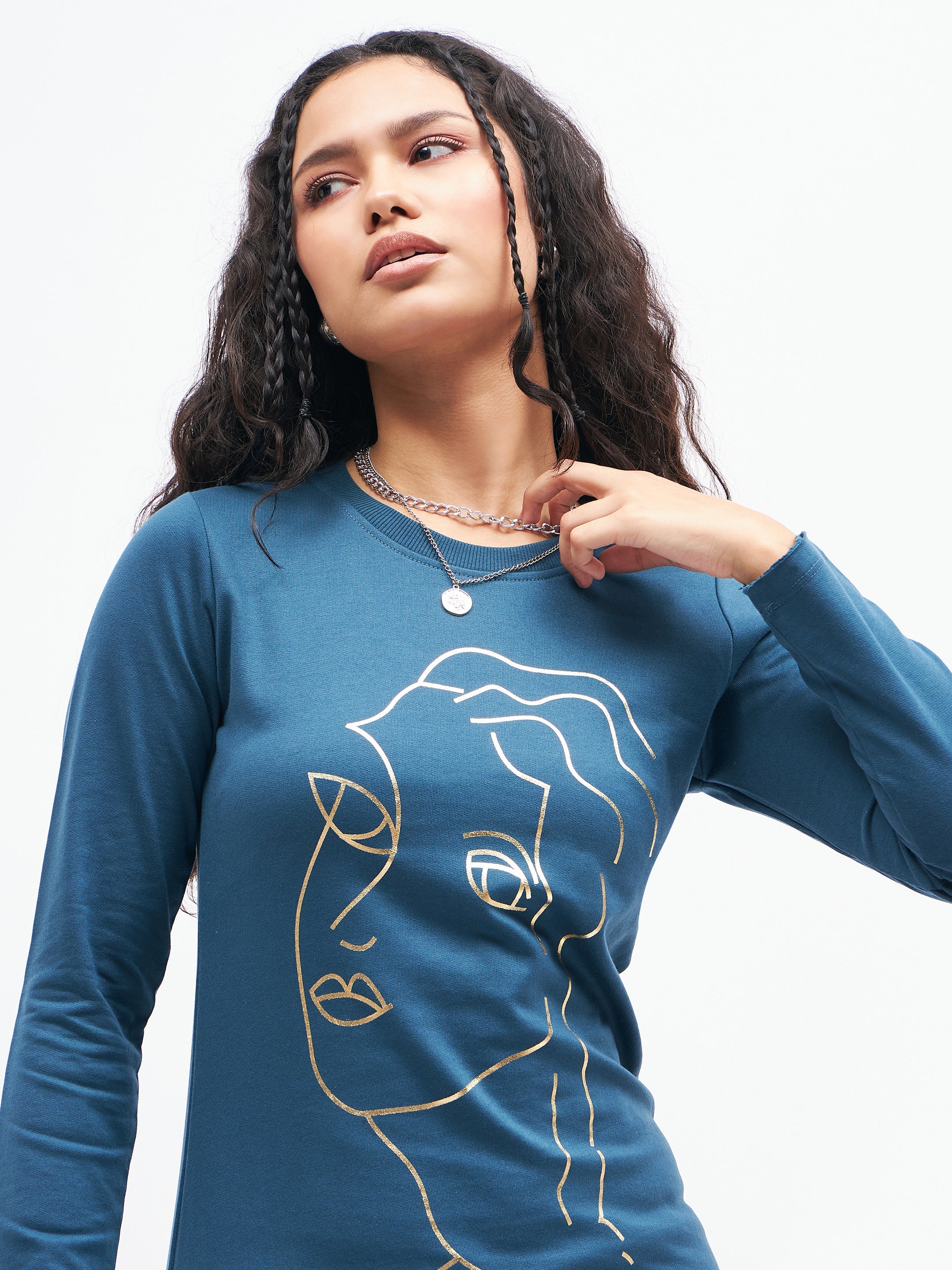 Women Teal Line Art Terry Sweat Dress