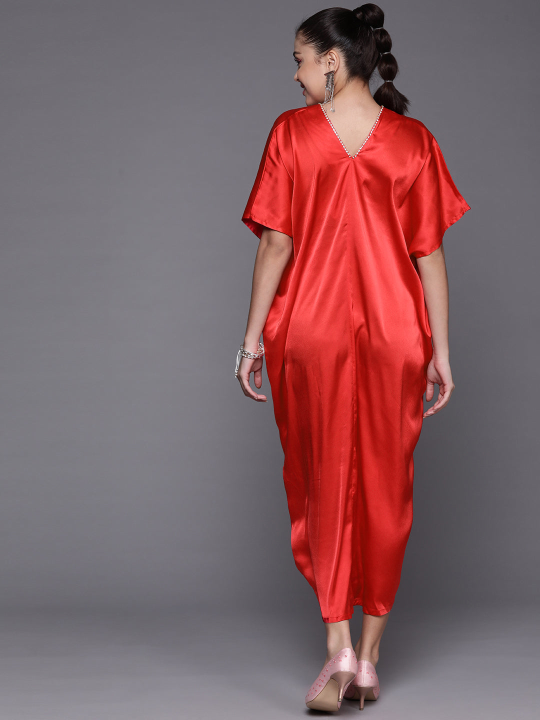 Women Red Satin Kaftan Midi Dress