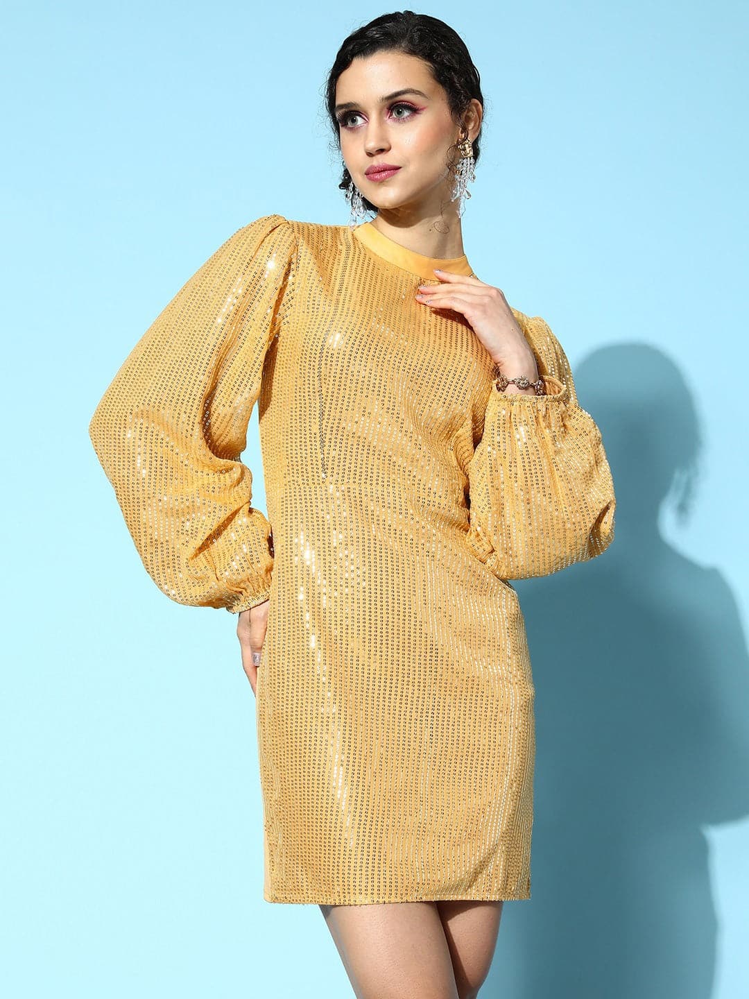 Women Gold Sequin Puff Sleeves Bodycon Dress