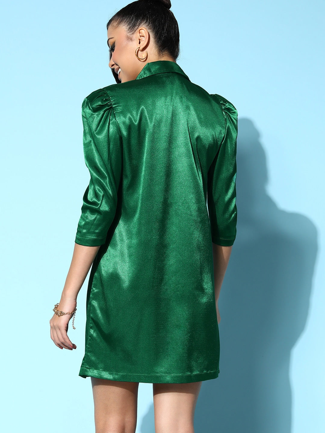 Women Green Lycra Satin Blazer Dress