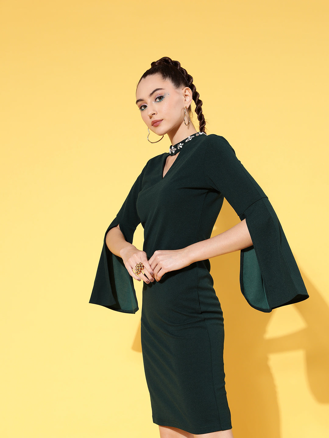 Women Emerald Canton Cape Sleeves Choker Shift Dress