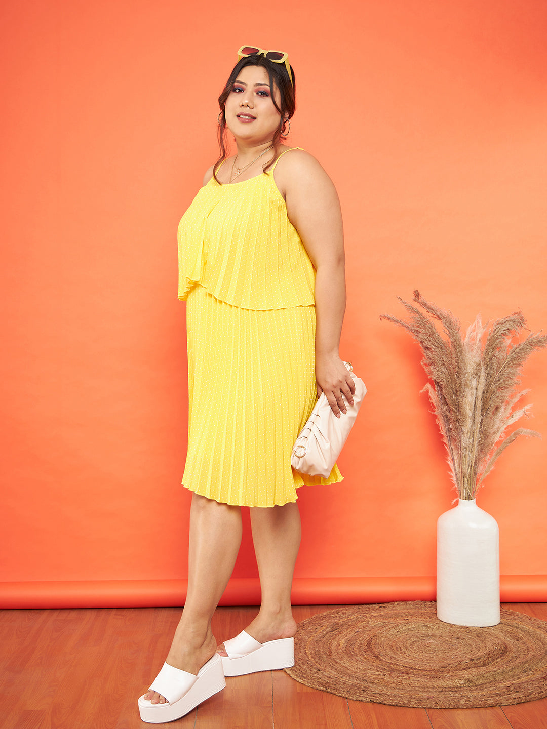 Women Yellow Polka Dot Accordion Pleated Layered Dress