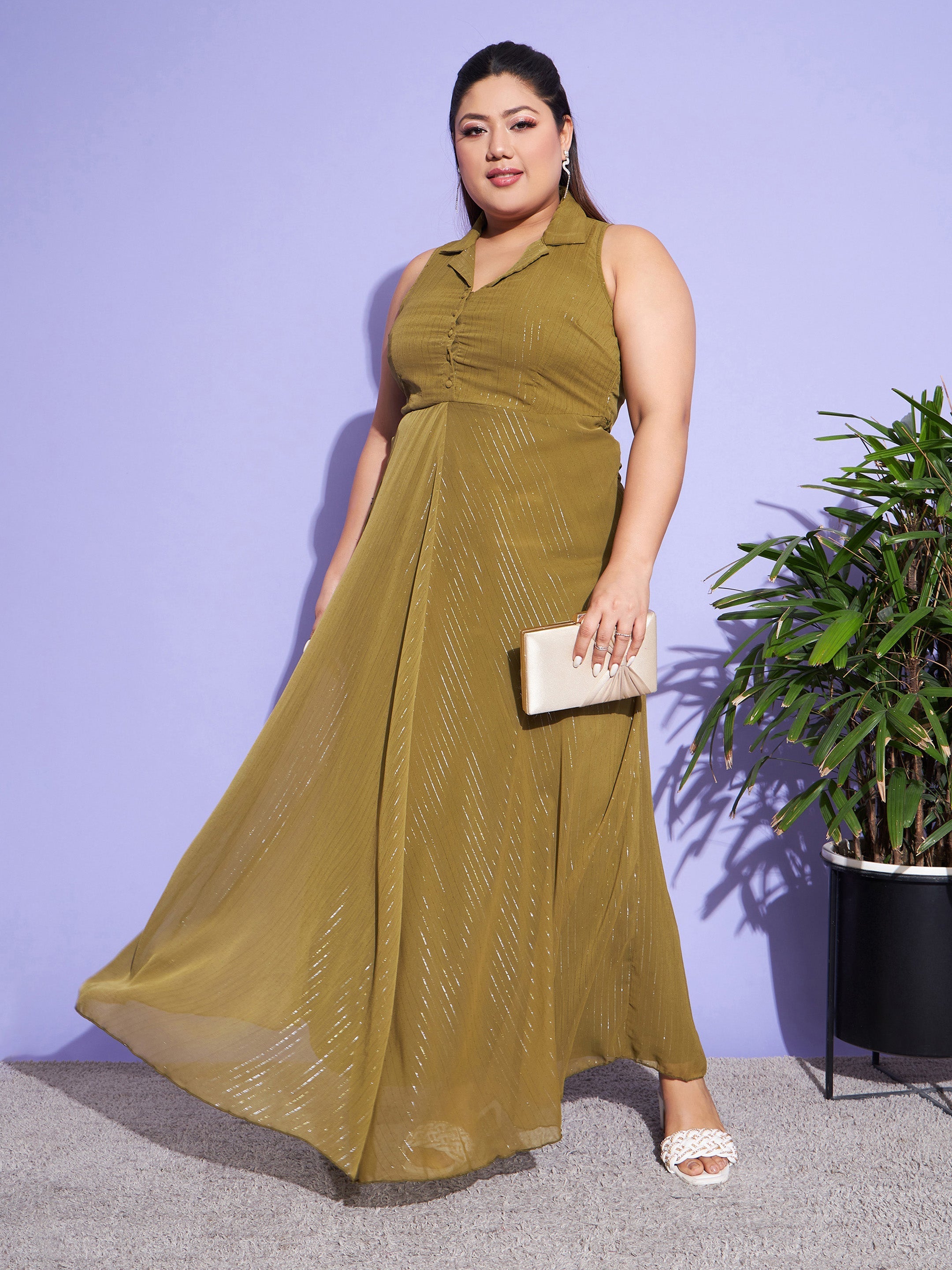 Women Green Chiffon Lurex Notched Collar Maxi Dress