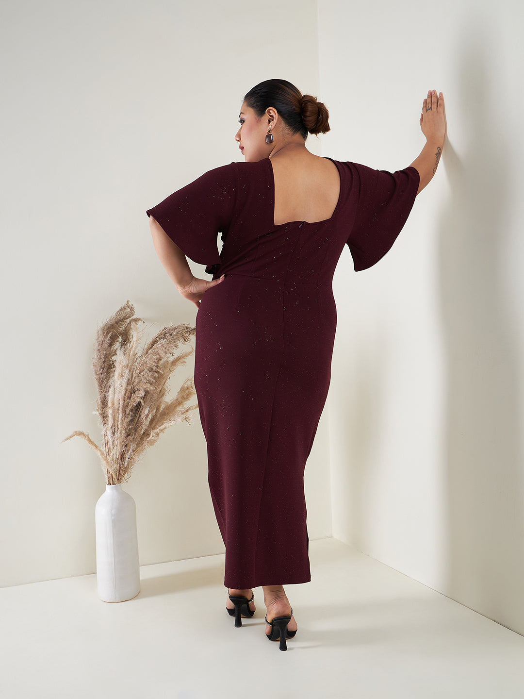 Women Burgundy Glitter Butterfly Sleeve Bodycon Ankle Dress