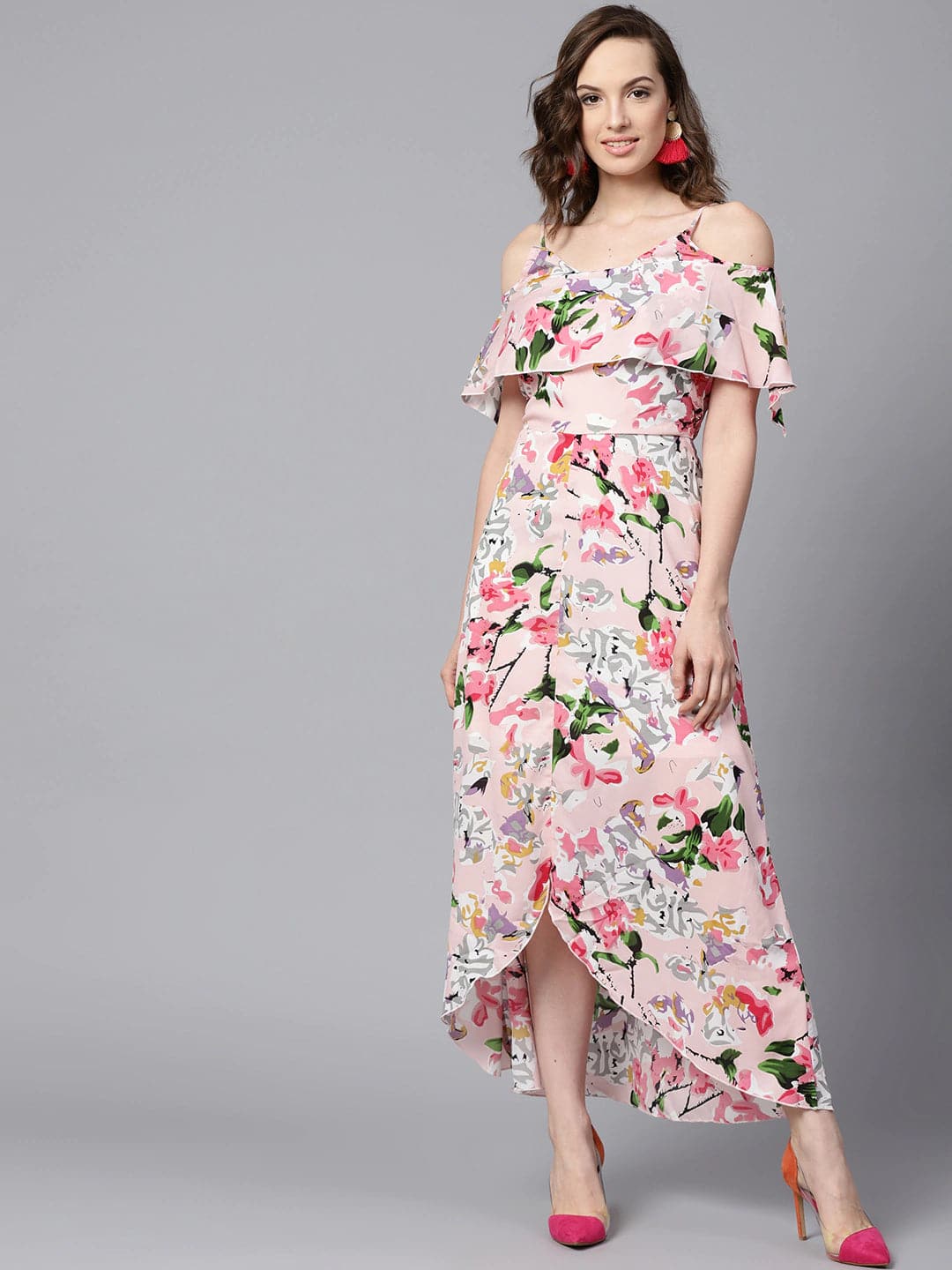 Pink Floral Layered High Low Maxi Dress