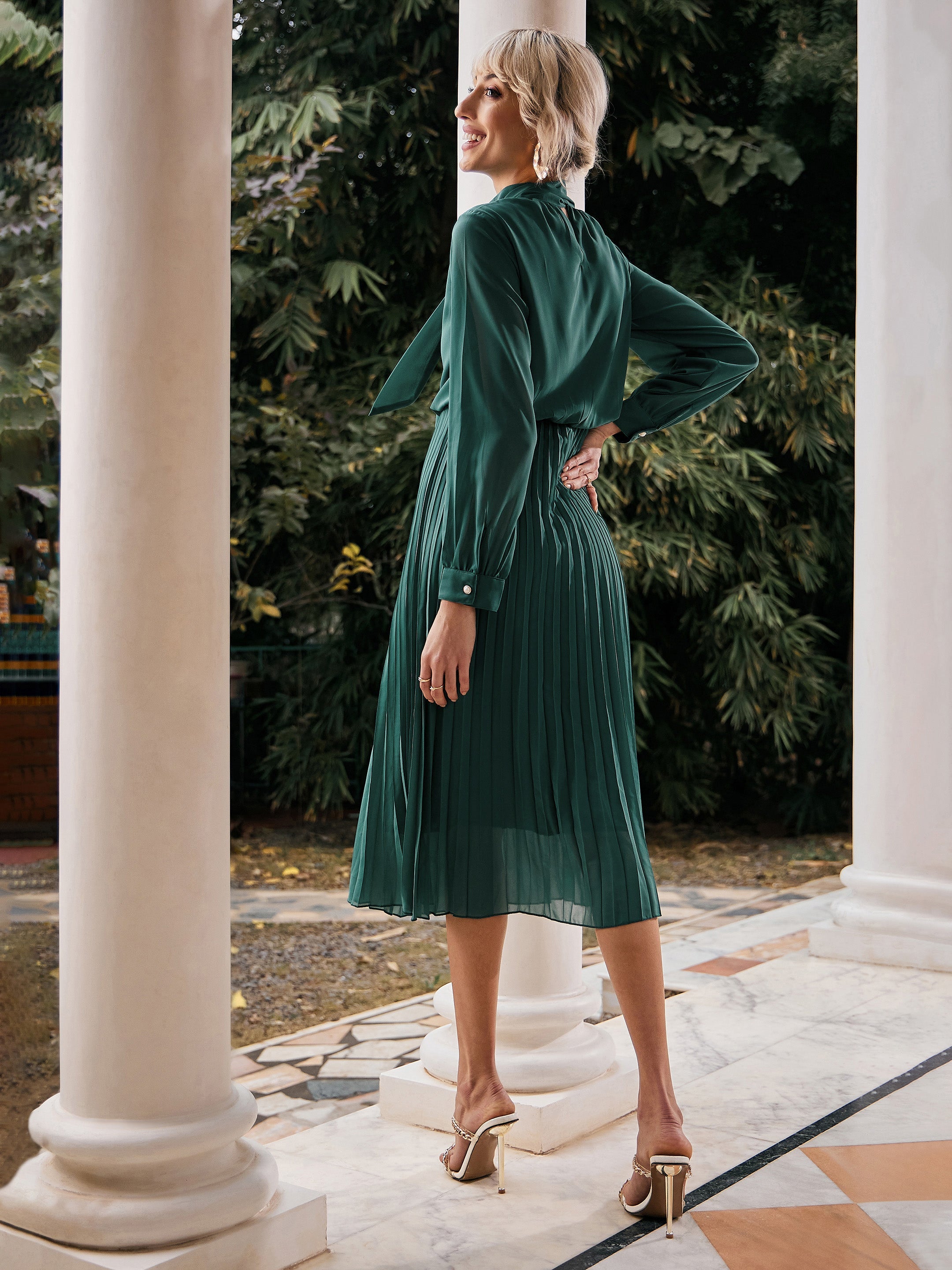 Women Green Tie-Up Neck Accordion Pleated Dress