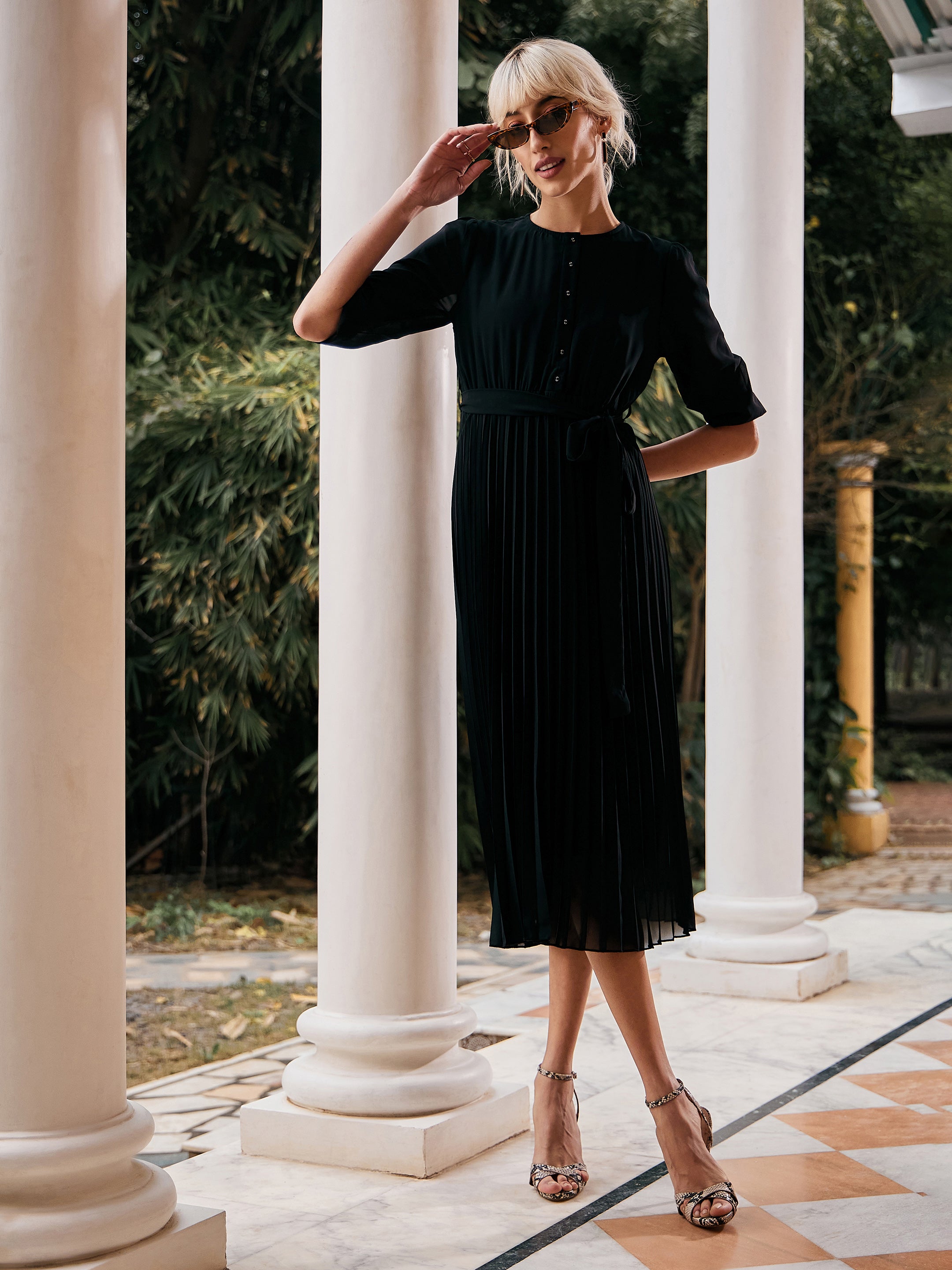 Women Black Accordion Pleated Belted Midi Dress