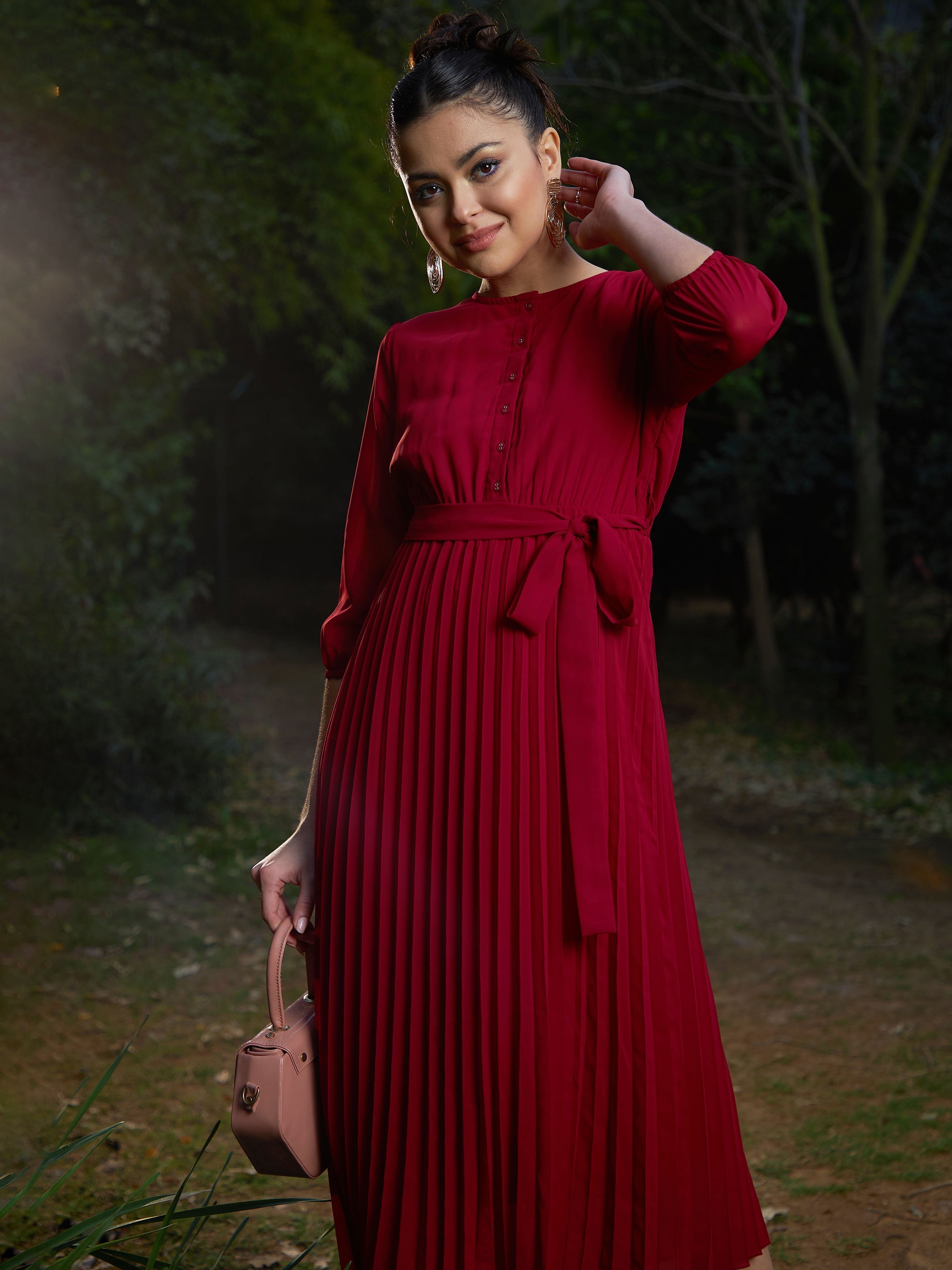 Women Maroon Accordion Pleated Belted Midi Dress