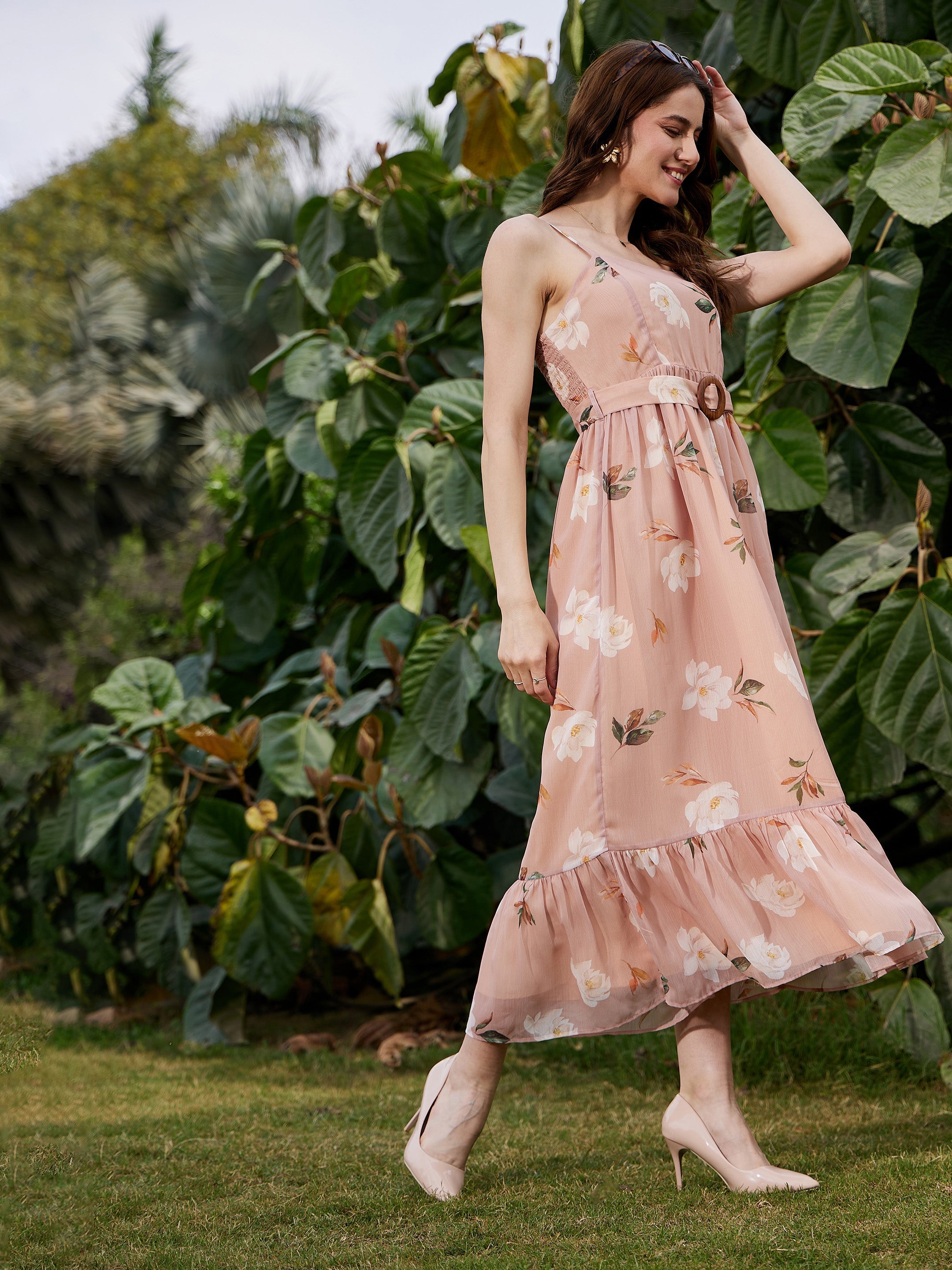 Women Nude Floral Belted Strappy Maxi Dress