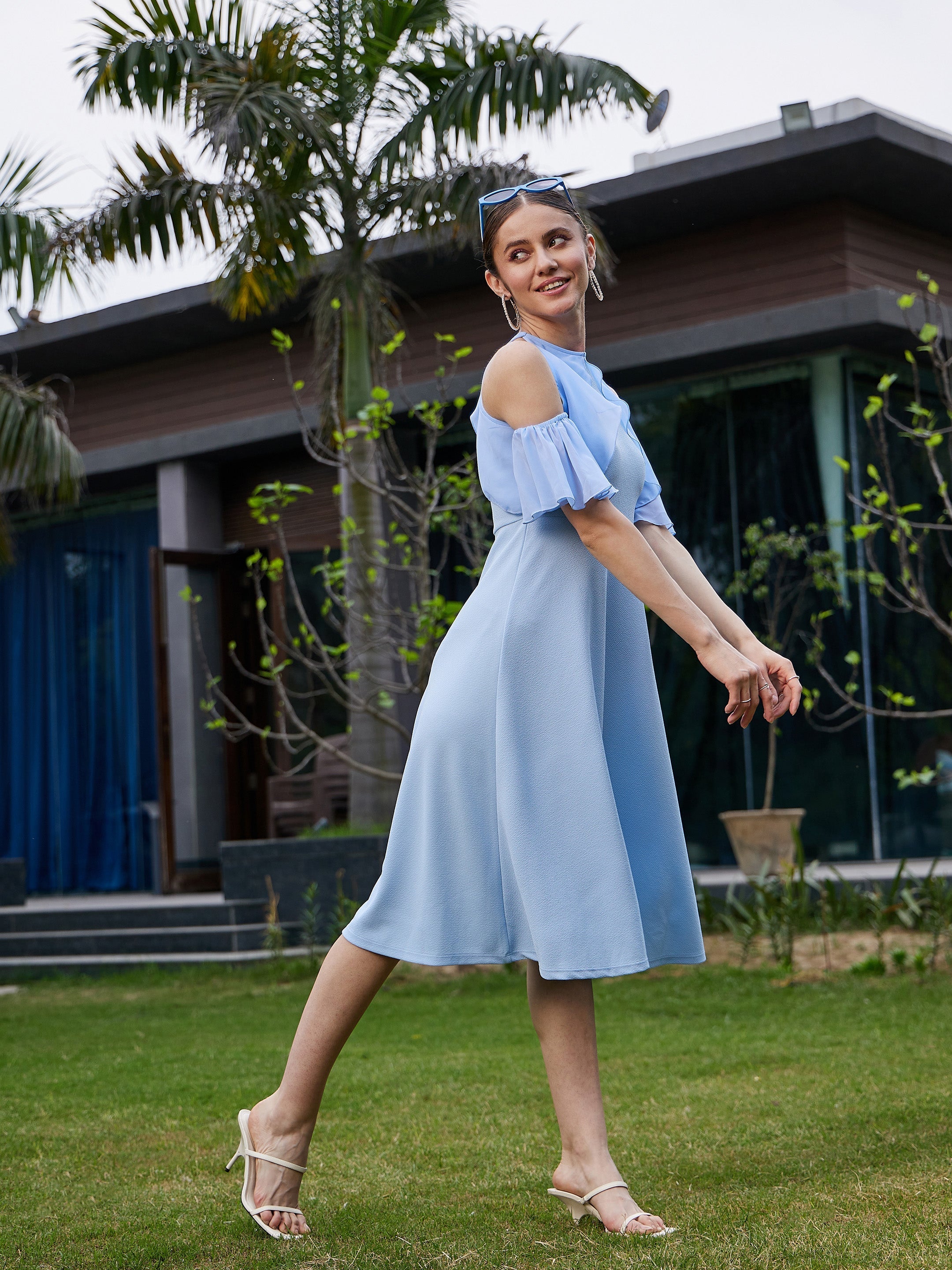 Women Blue Sleeve Frill Detail Midi Dress