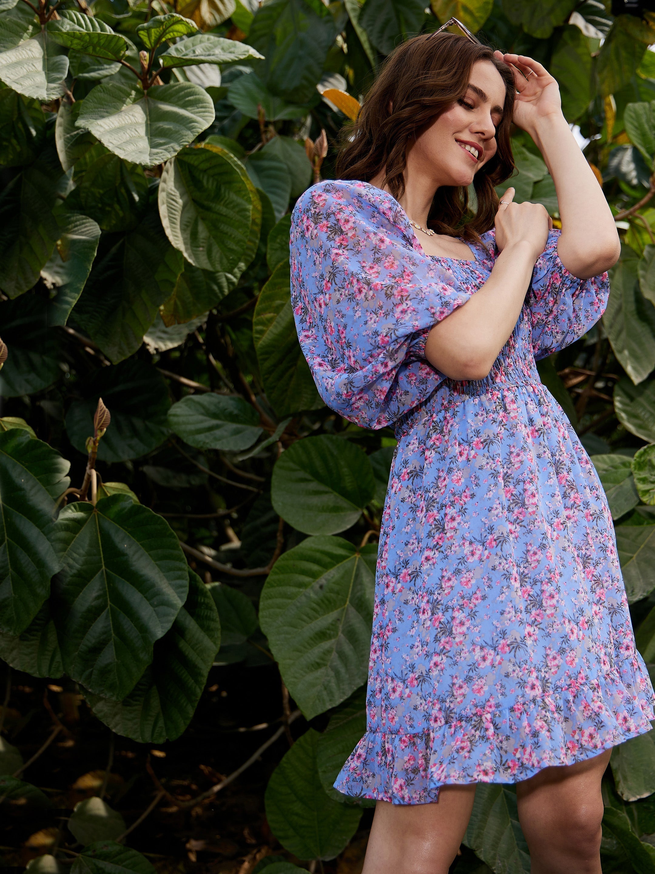 Women Blue Floral Off Shoulder Mini Dress