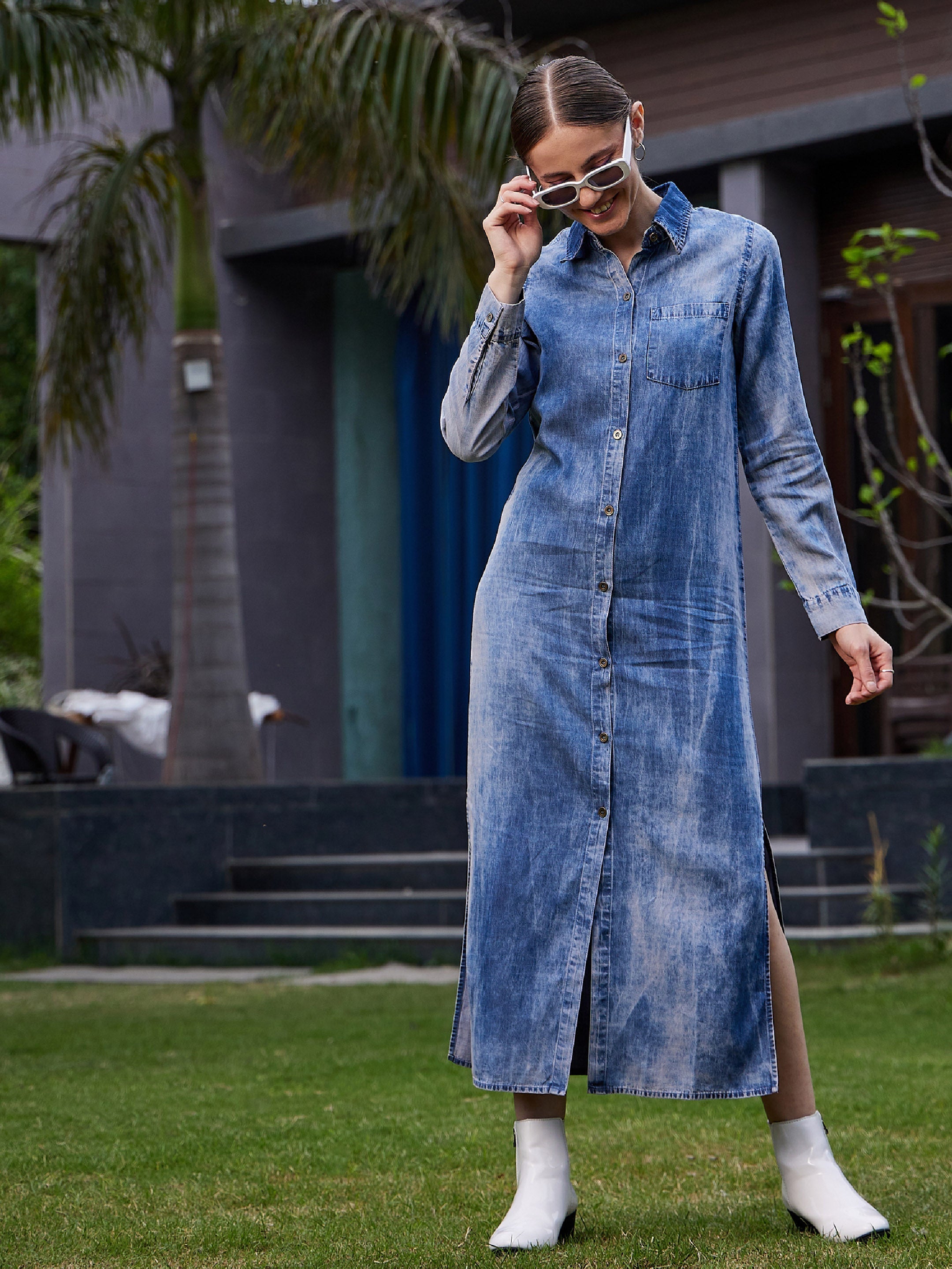 Women Blue Acid Wash Tencel Maxi Shirt Dress