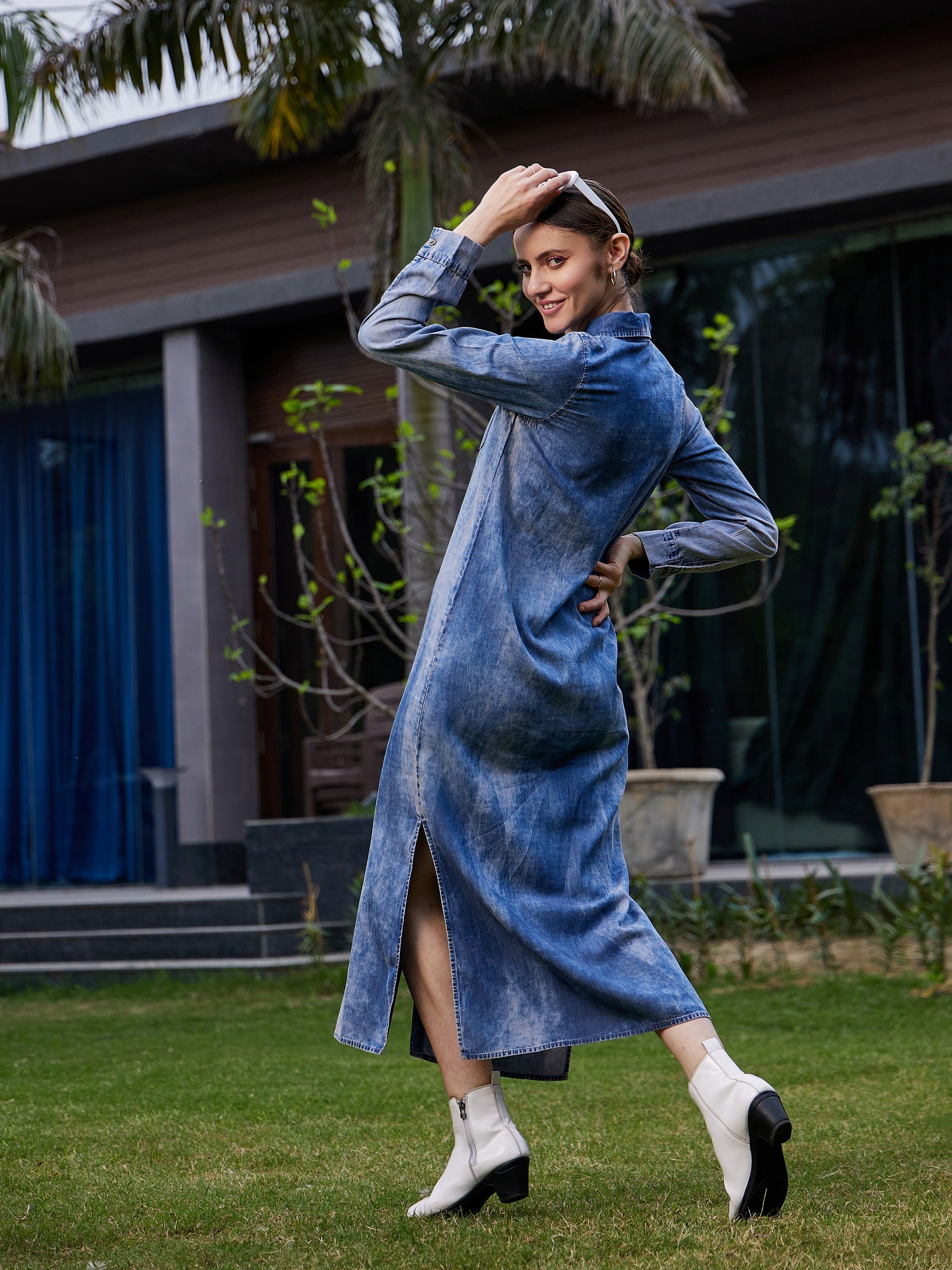 Women Blue Acid Wash Tencel Maxi Shirt Dress