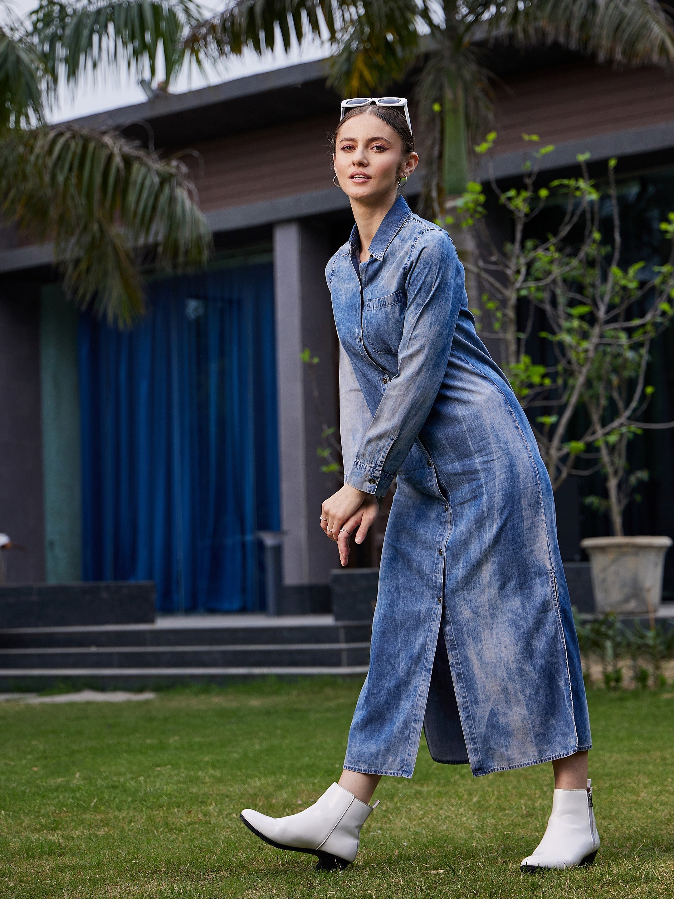 Women Blue Acid Wash Tencel Maxi Shirt Dress