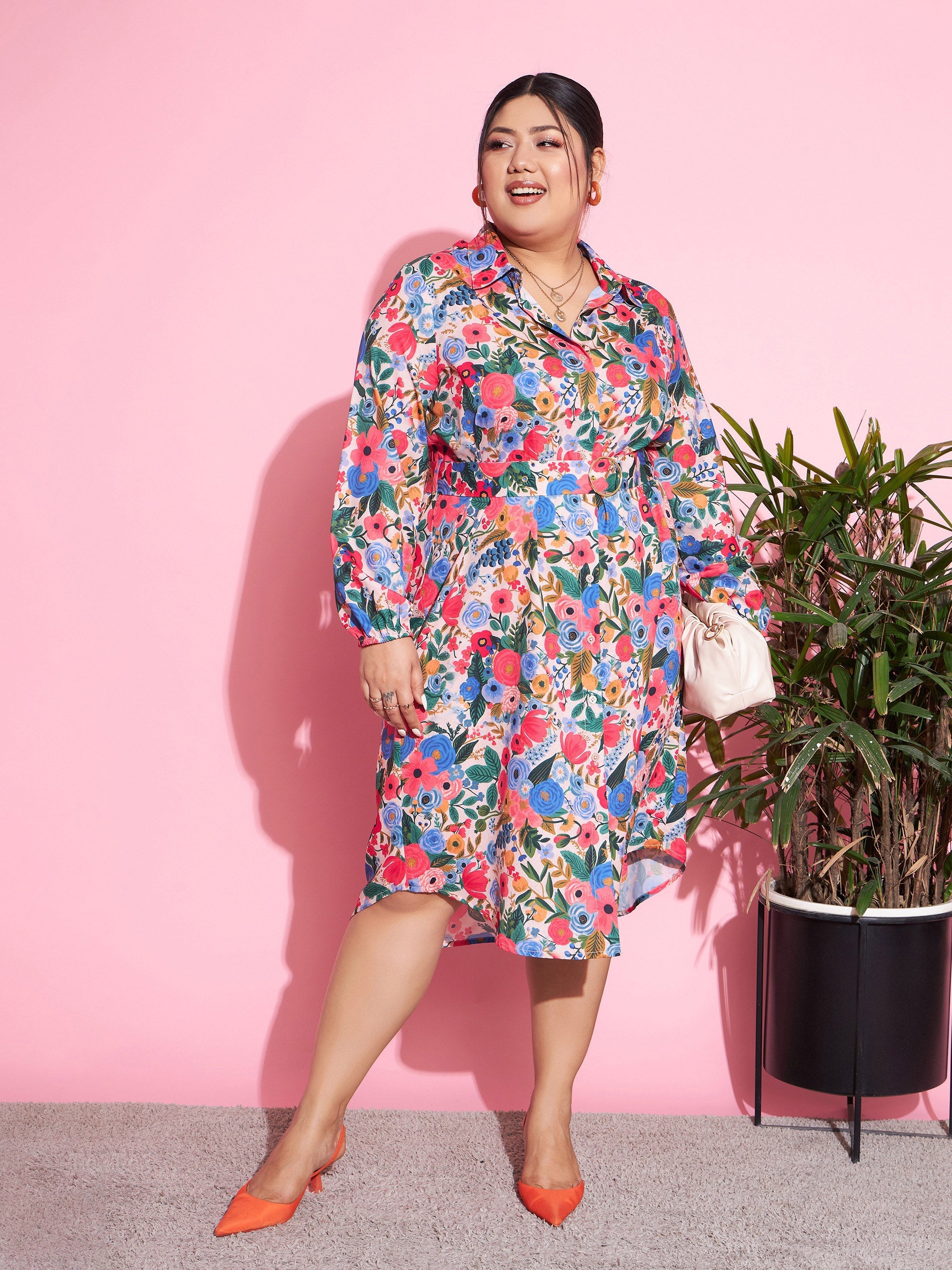 Women Multi Floral Self Fabric Belted Shirt Dress