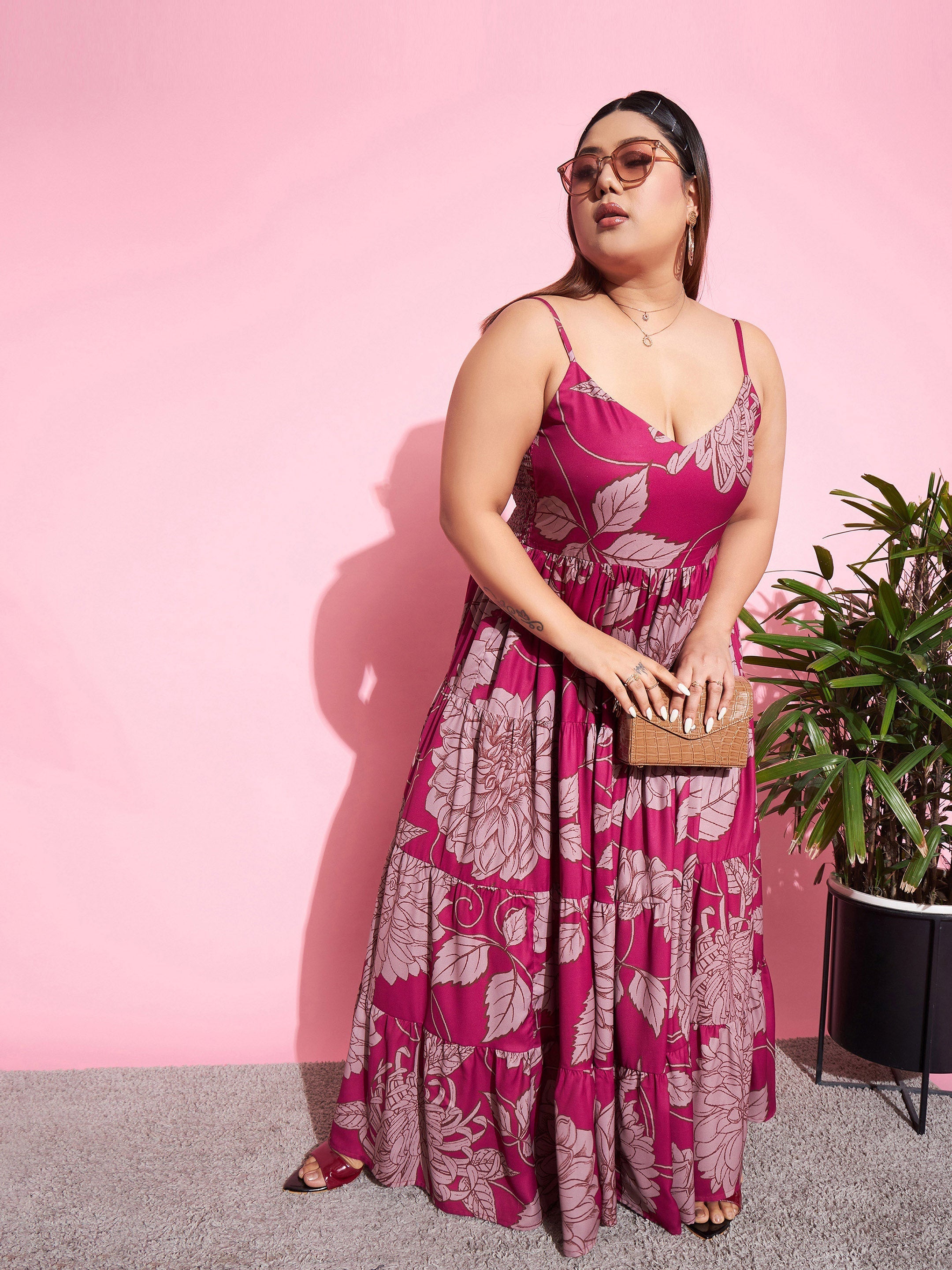 Women Magenta Floral Tiered Maxi Dress