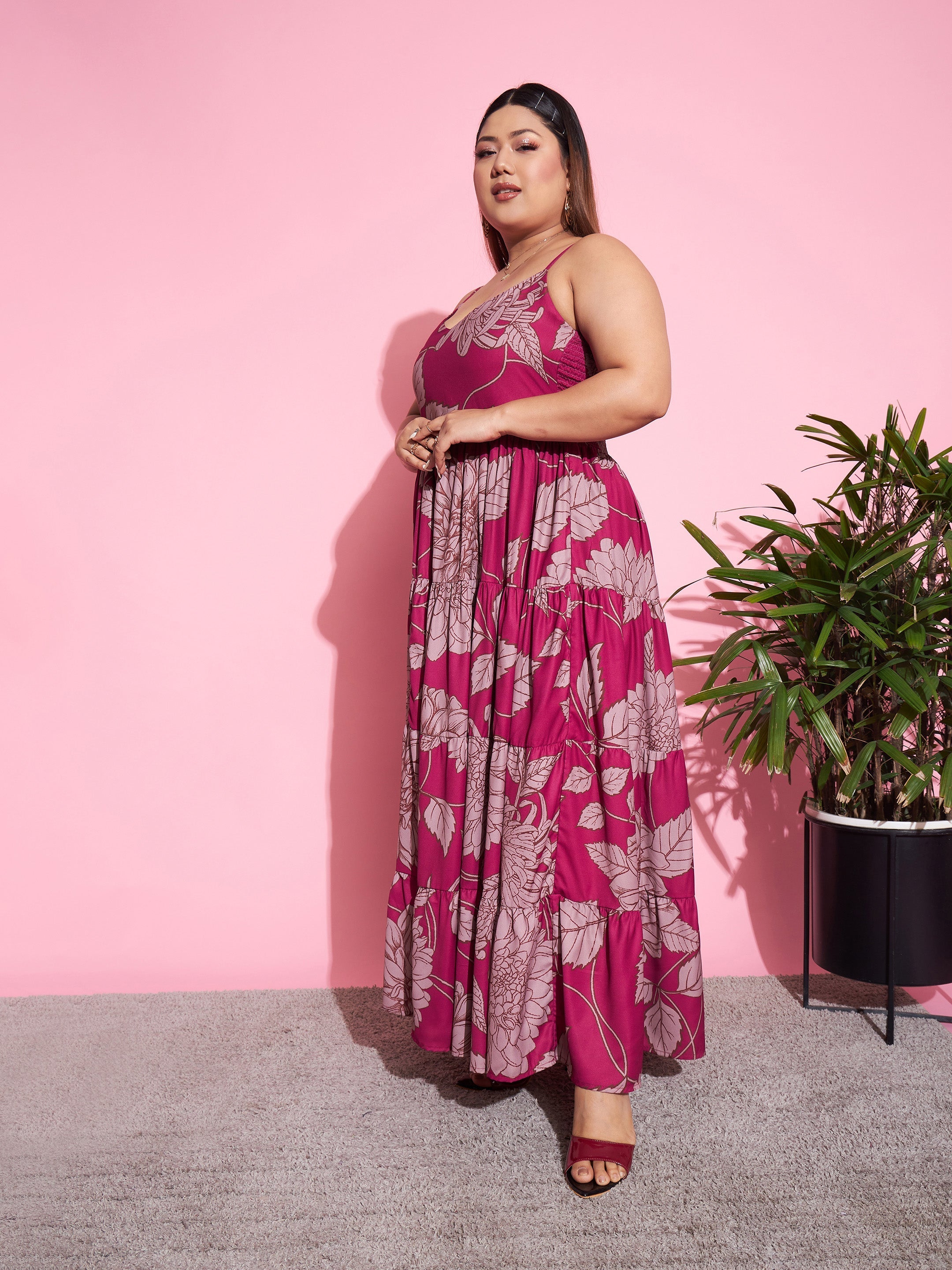 Women Magenta Floral Tiered Maxi Dress