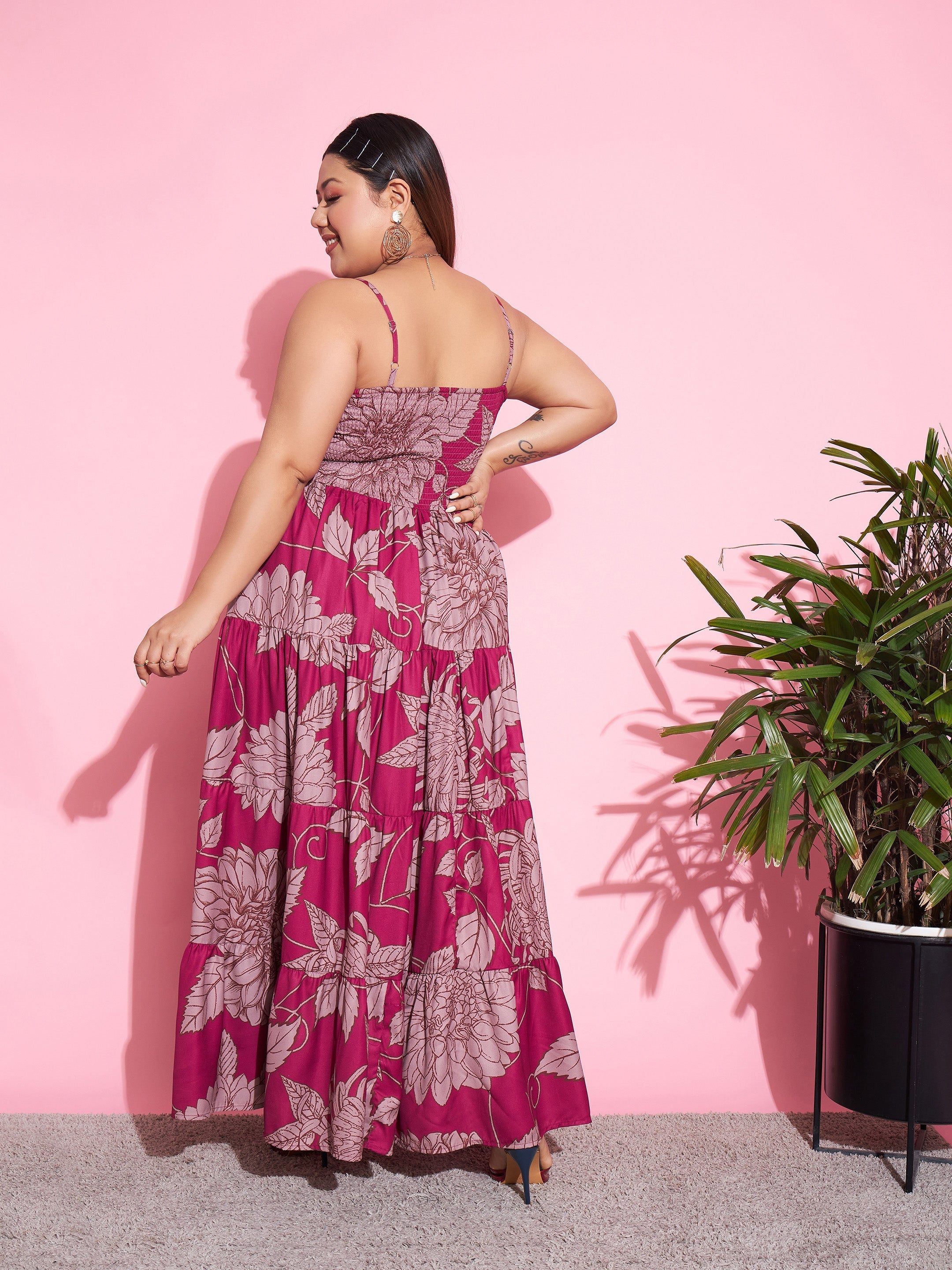 Women Magenta Floral Tiered Maxi Dress