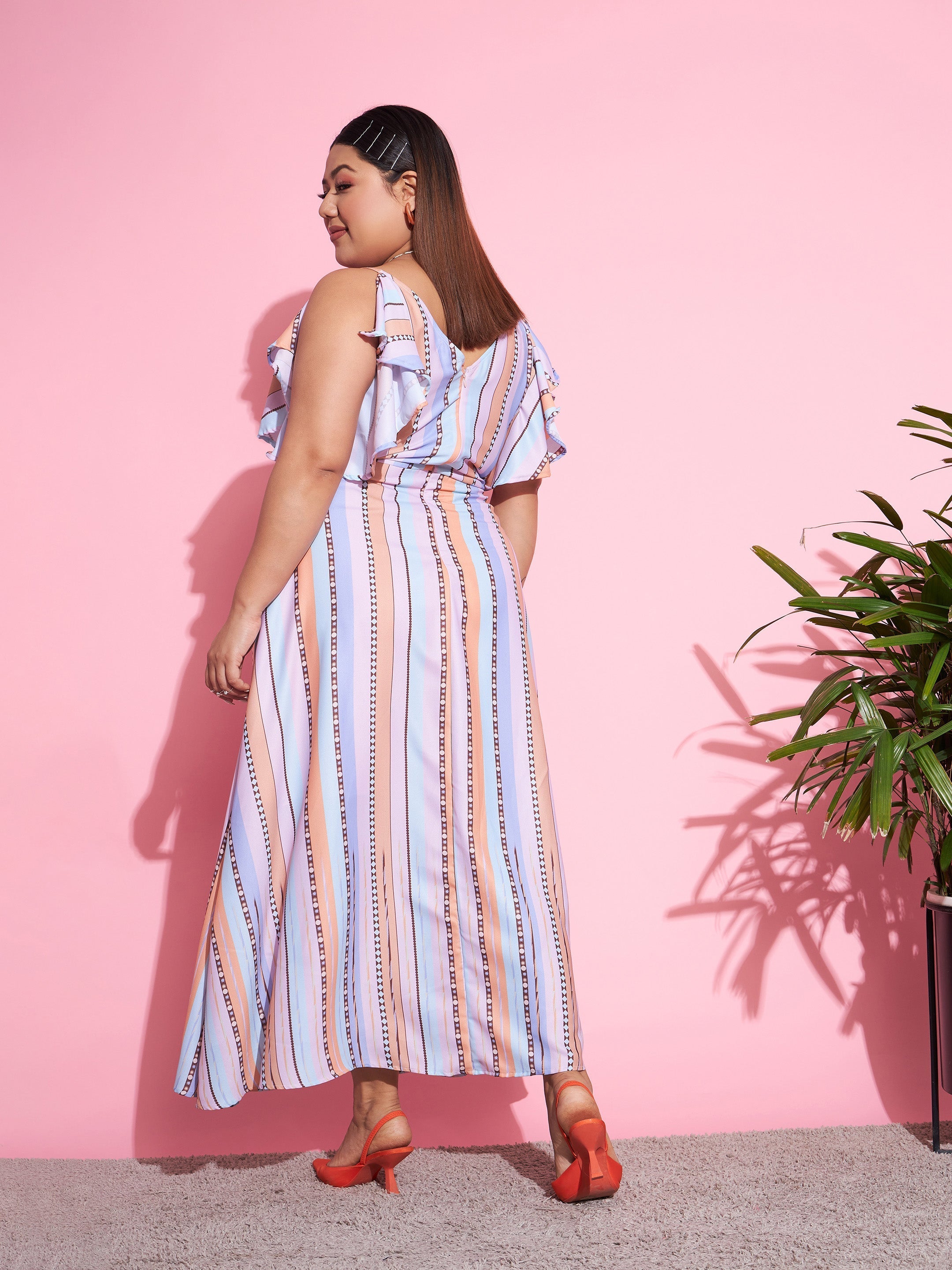 Women Multi Stripes Front Slit Maxi Dress