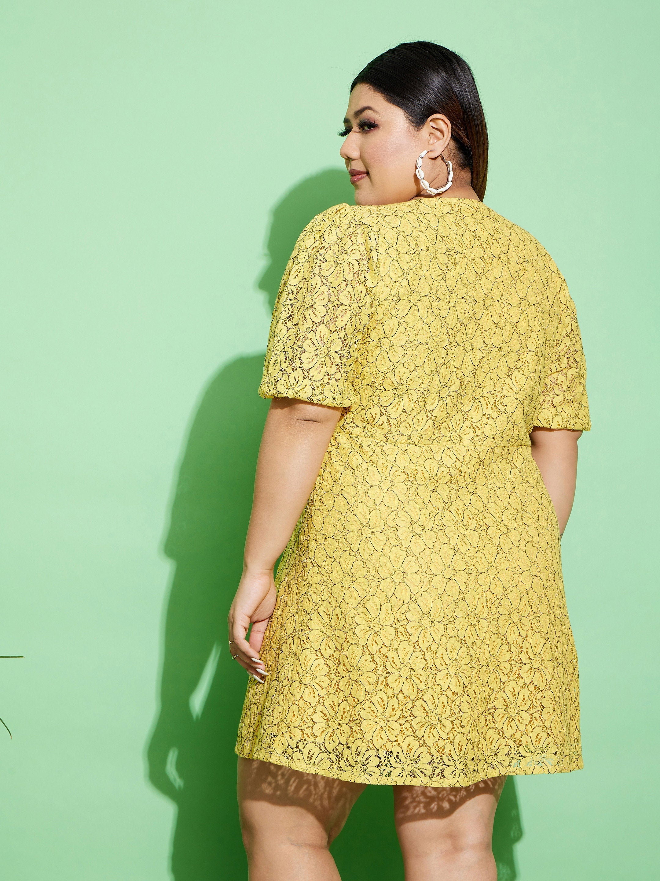 Women Yellow Lace Front Button Dress