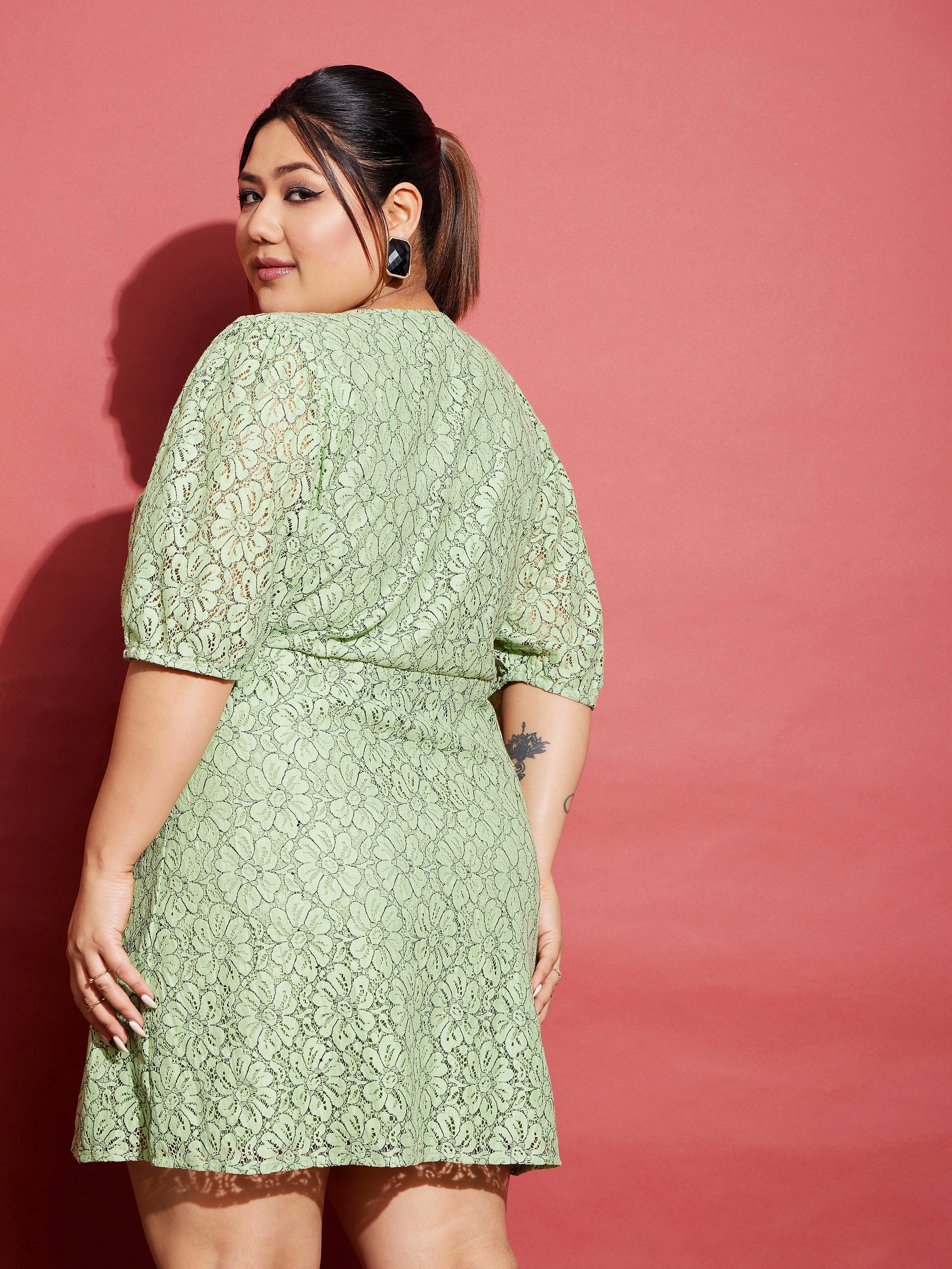 Women Green Lace Front Button Dress