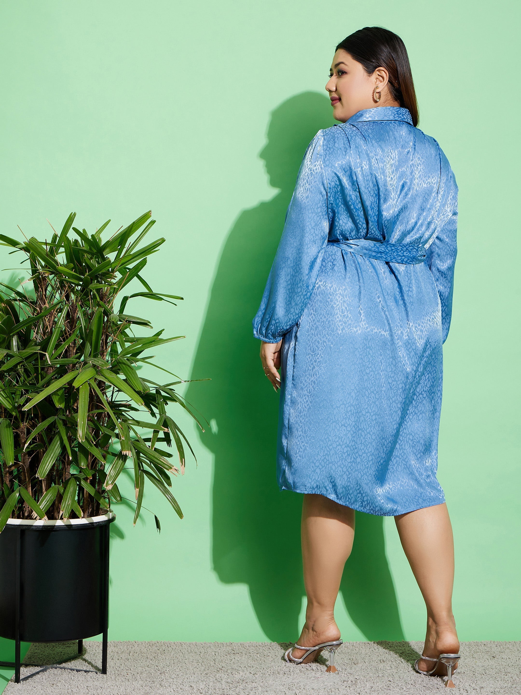 Women Blue Satin Jacquard Belted Shirt Dress