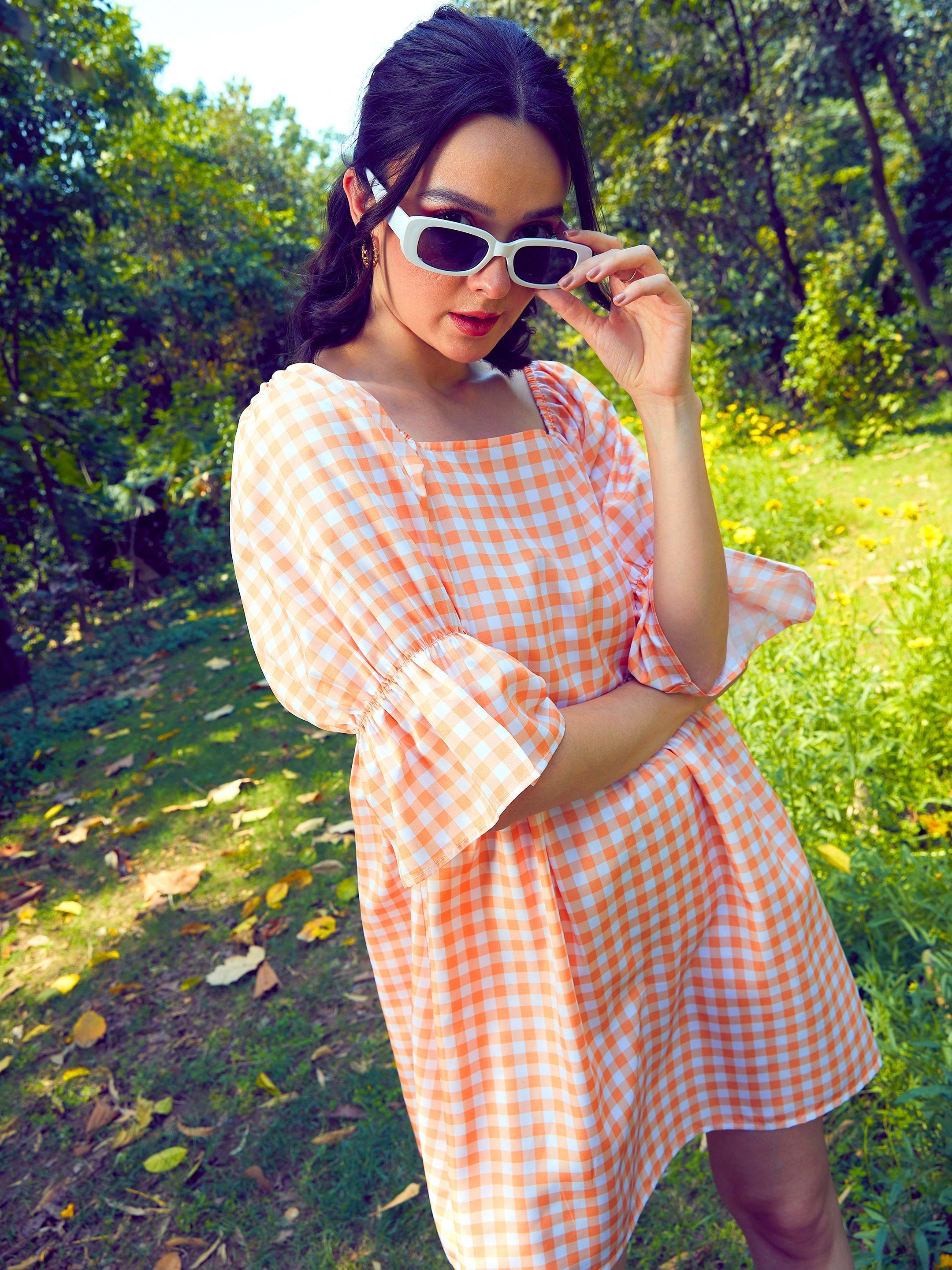 Women Peach Check Puff Sleeves Mini Dress