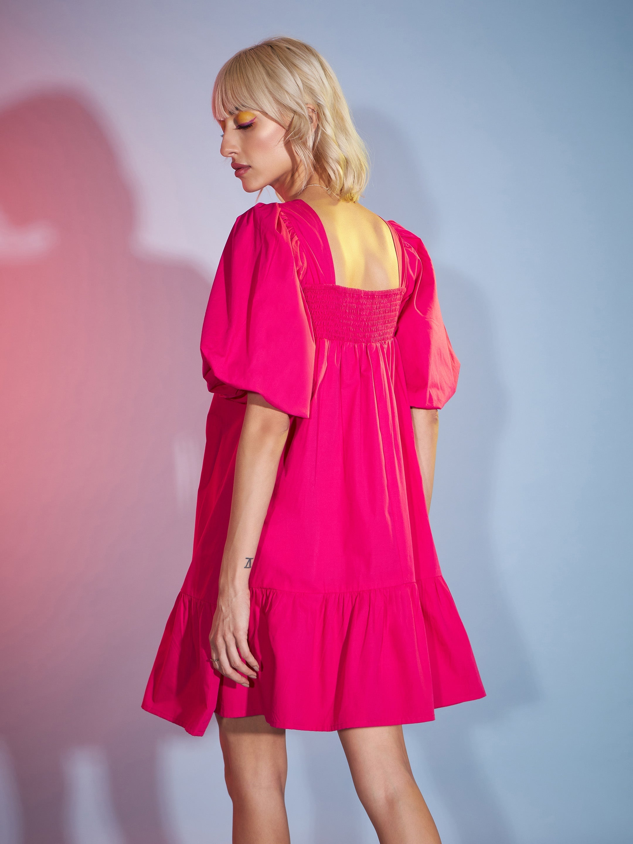 Women Pink Puff Sleeves Short Tiered Dress