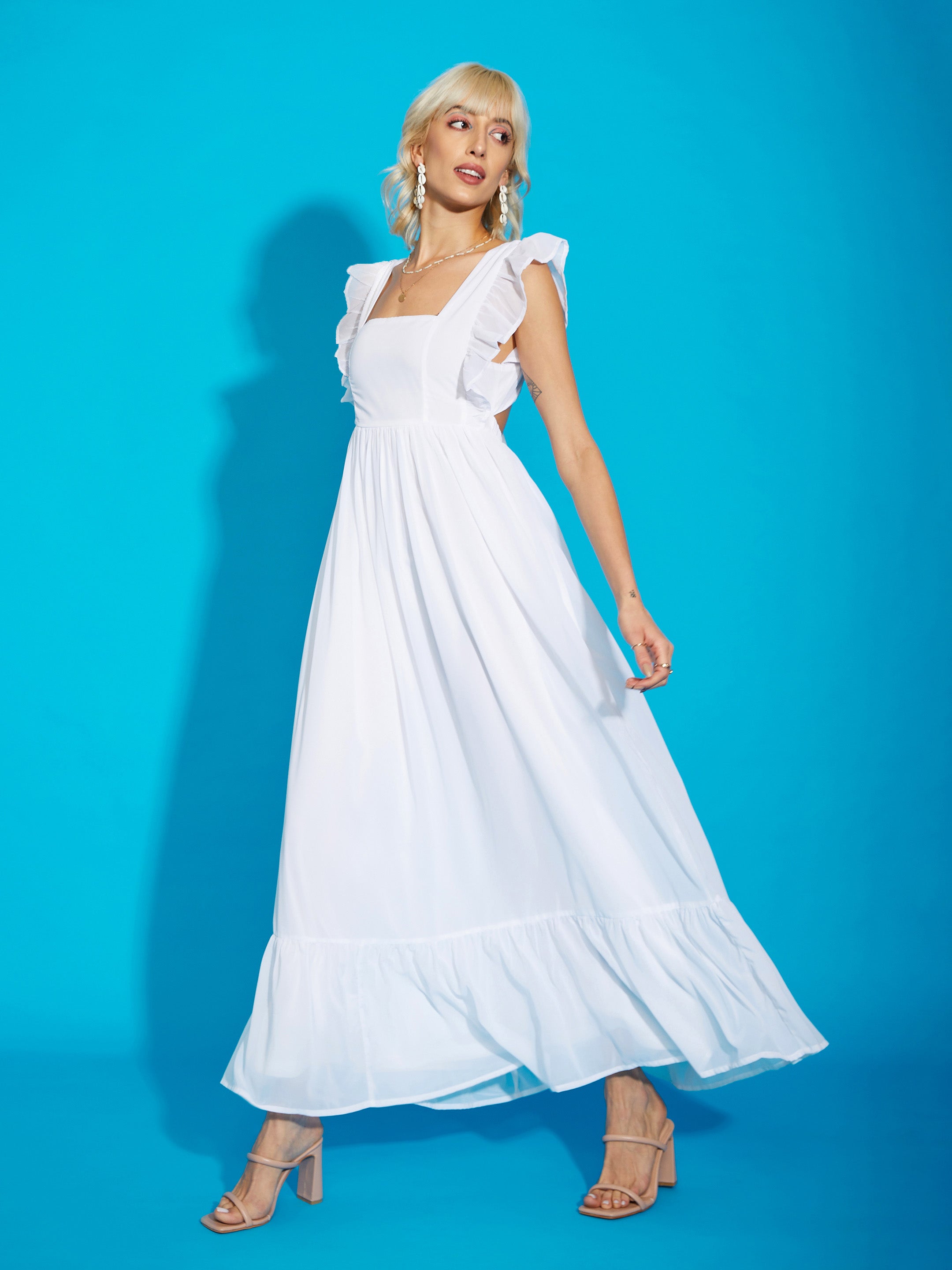 Women White Square Neck Frill Hem Maxi Dress