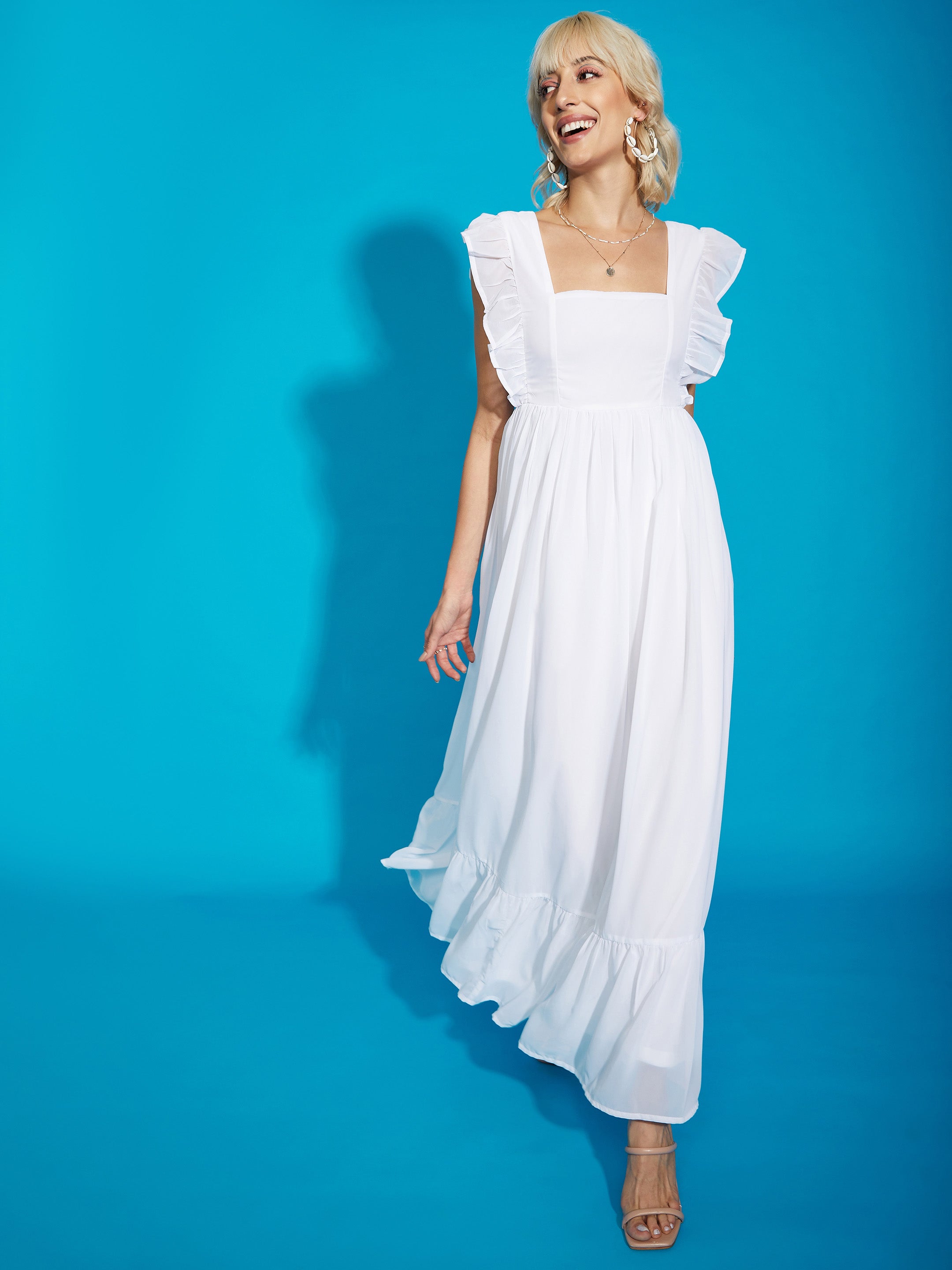 Women White Square Neck Frill Hem Maxi Dress