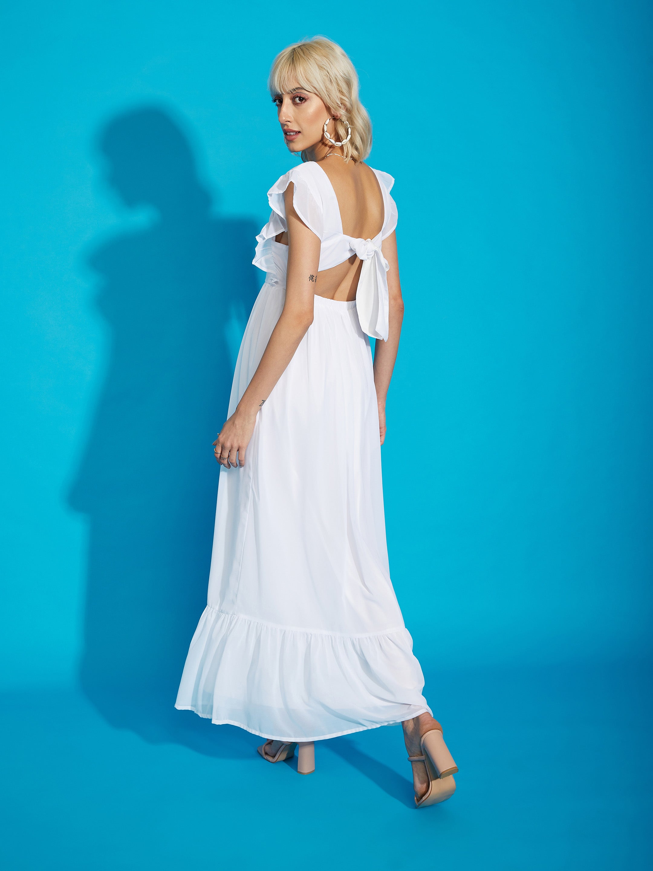 Women White Square Neck Frill Hem Maxi Dress