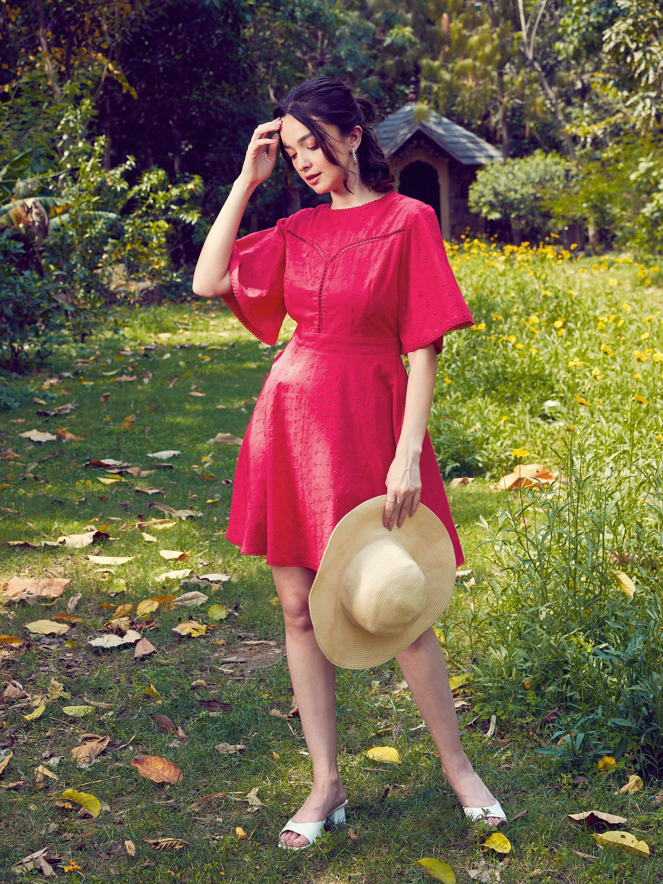 Women Red Schiffli Flared Sleeves Short Dress