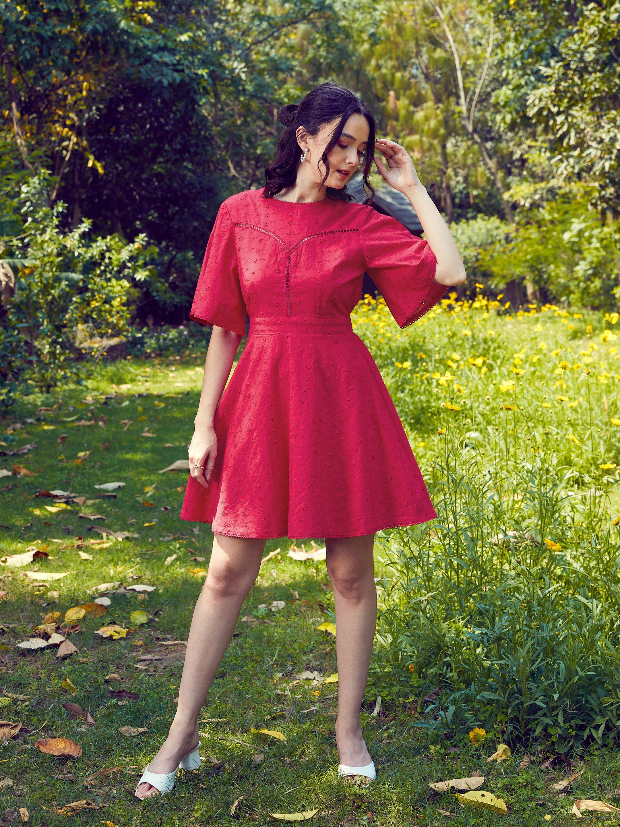 Women Red Schiffli Flared Sleeves Short Dress