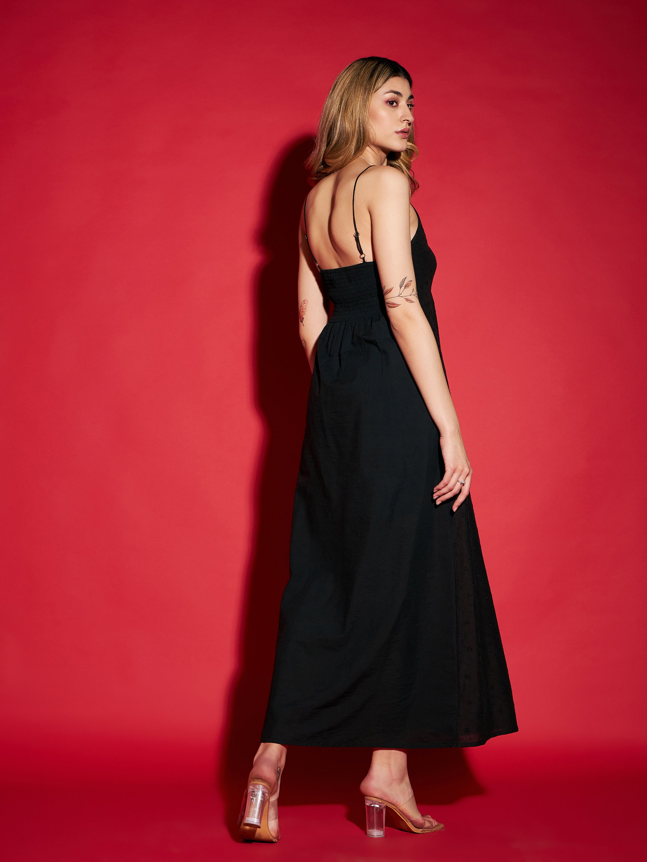 Women Black Schiffli Strappy Maxi Dress