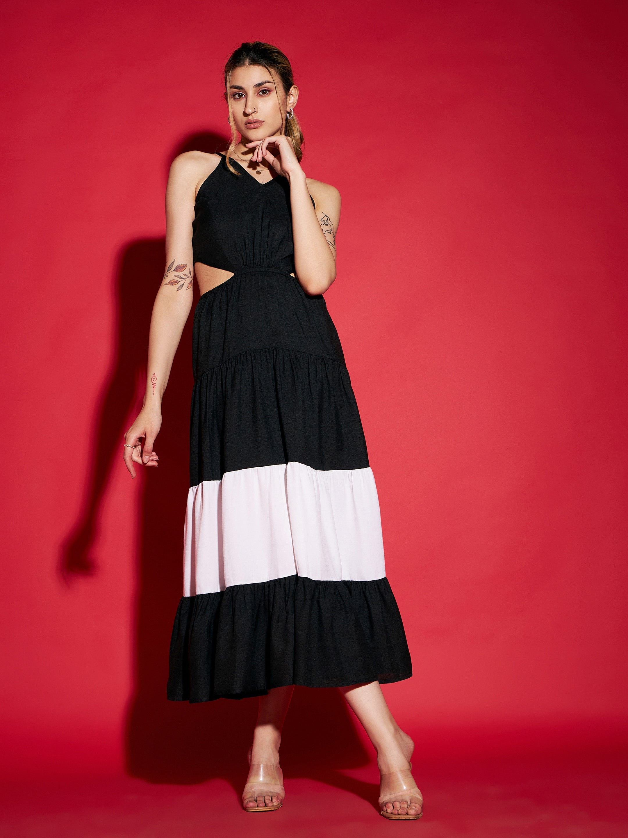 Women Black & White Colour Block Tiered Maxi Dress