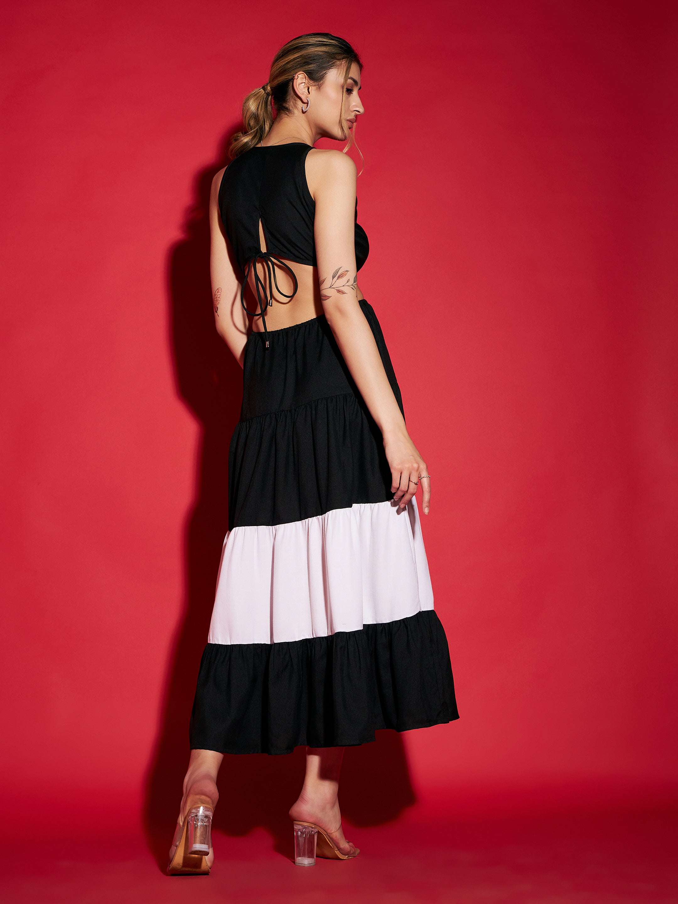 Women Black & White Colour Block Tiered Maxi Dress