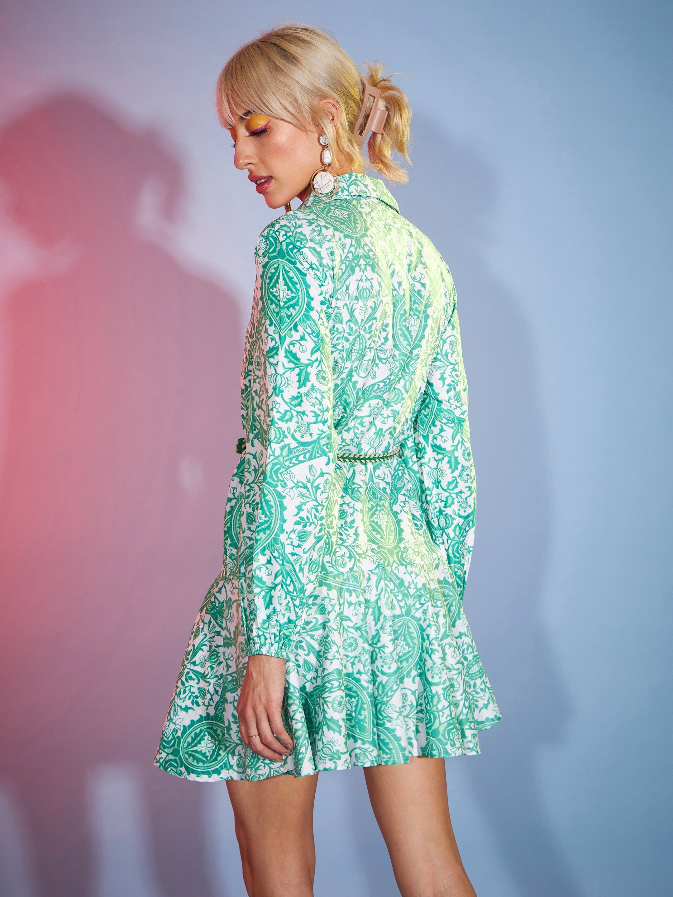 Women Green Floral Flared Skater Dress