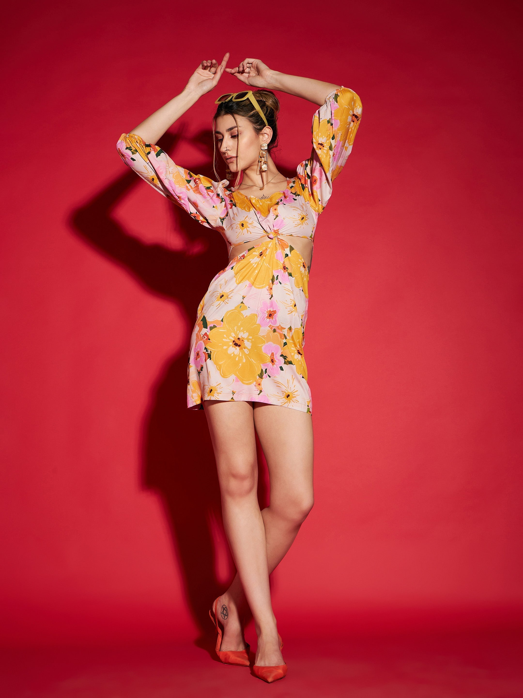 Women Yellow Floral Side Cut Out Mini Dress