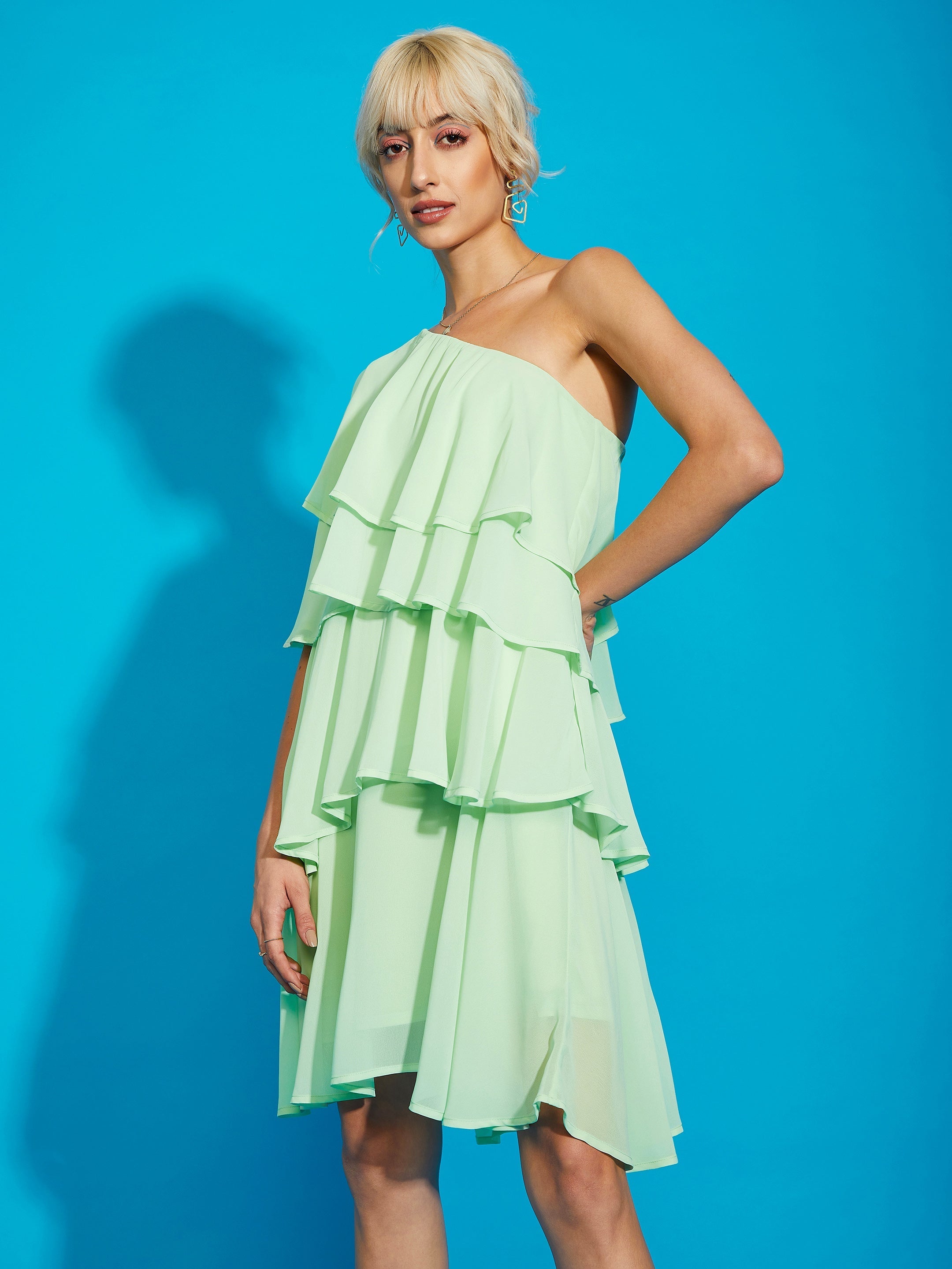 Women Pista Green One Shoulder Layered Short Dress