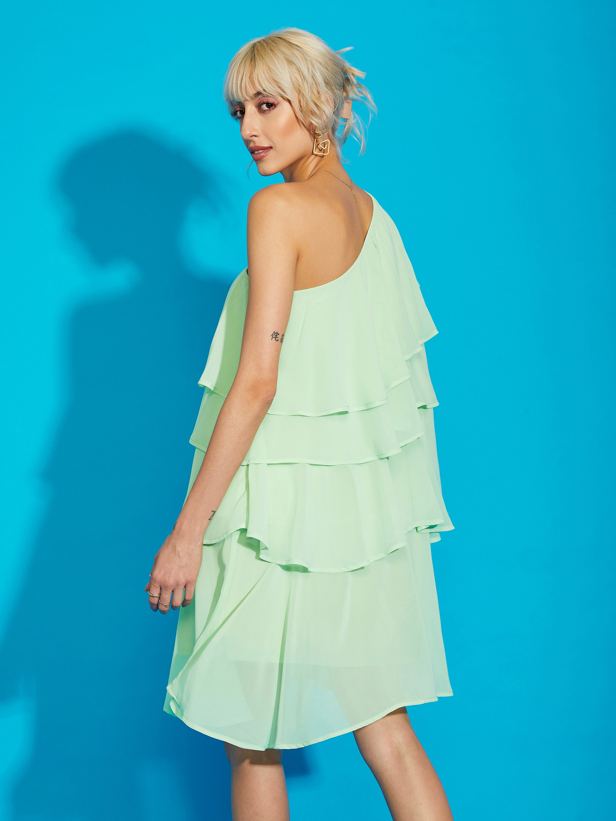 Women Pista Green One Shoulder Layered Short Dress