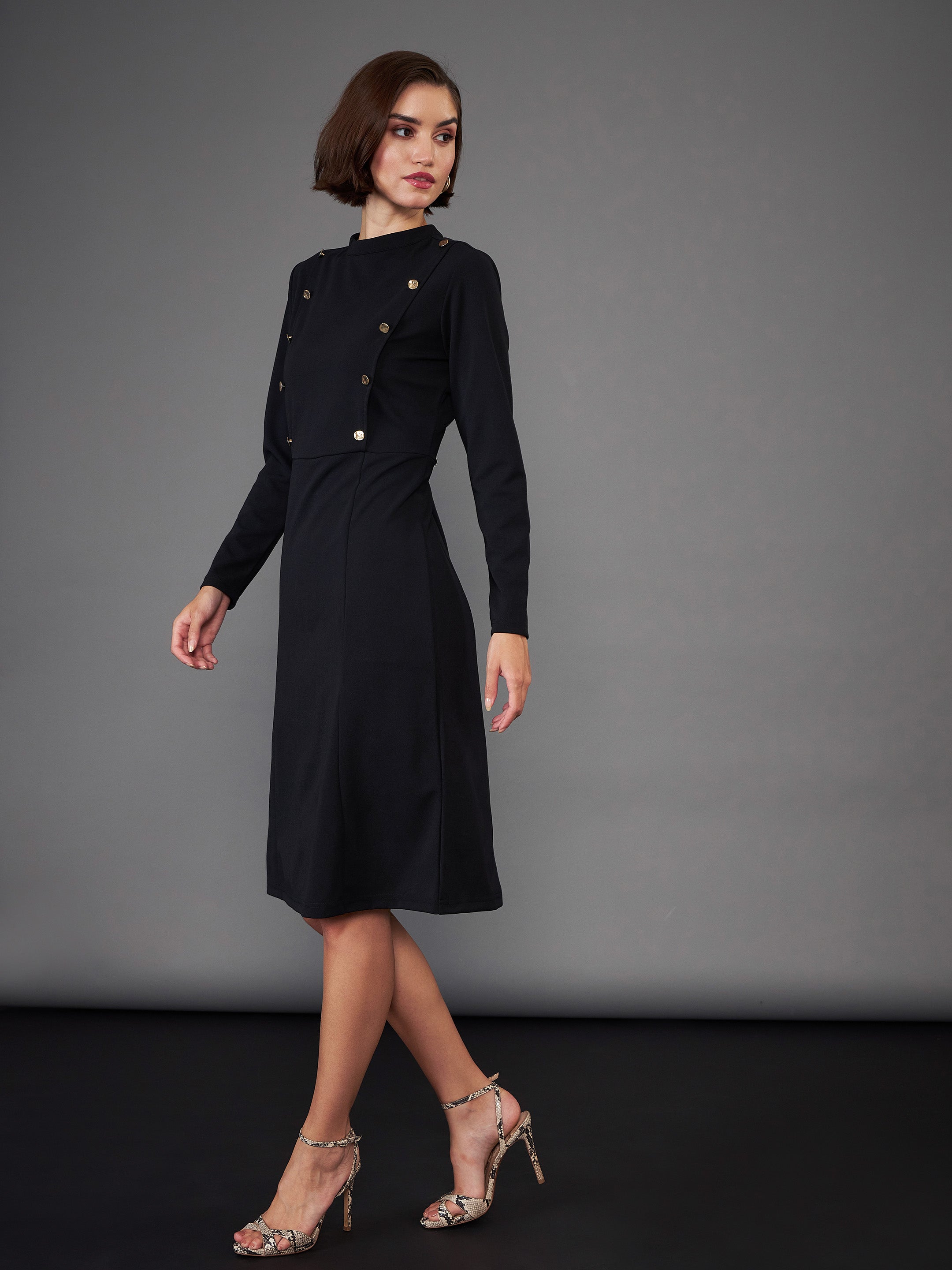 Women Black Button Yoke Belted Midi Dress